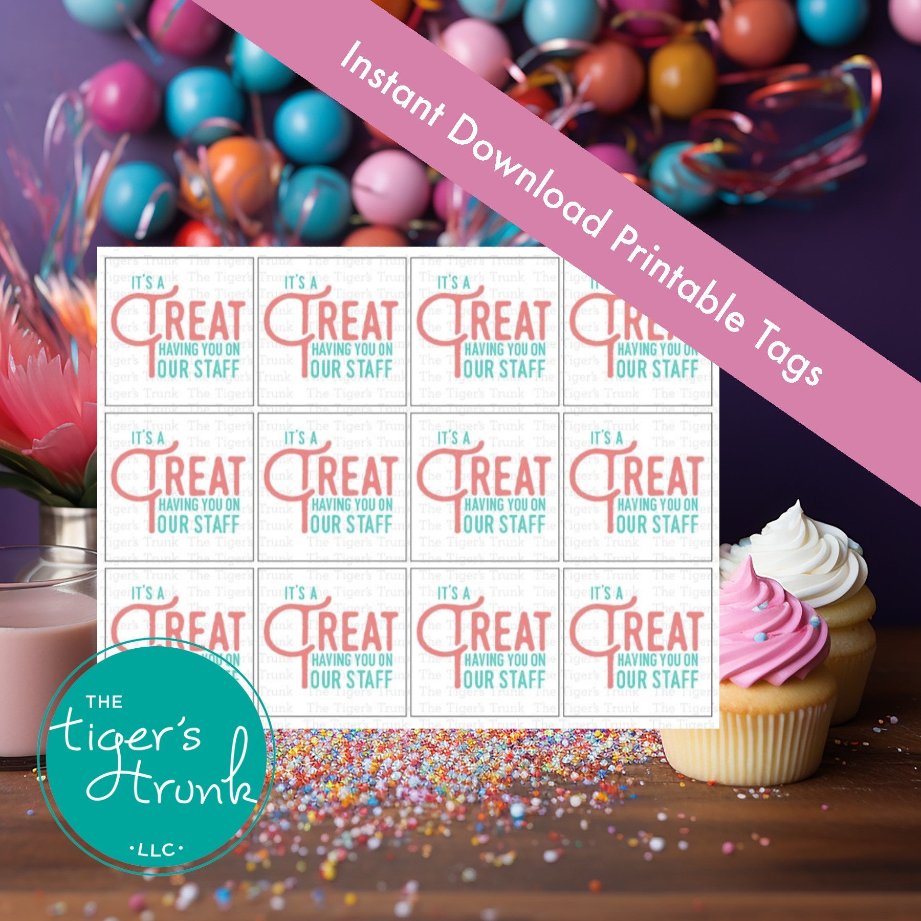 Printable staff appreciation tags with the message "It’s a Treat Having You on Our Staff," 12 to a page, sweet and simple thank-you tags
