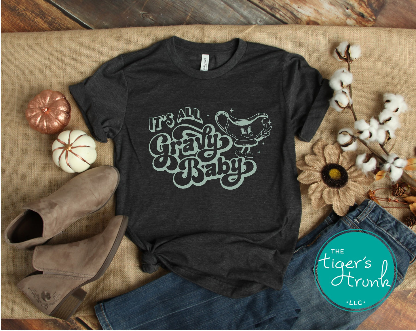 Funny Thanksgiving shirt with “It’s All Gravy Baby” retro design, available in multiple fall colors
