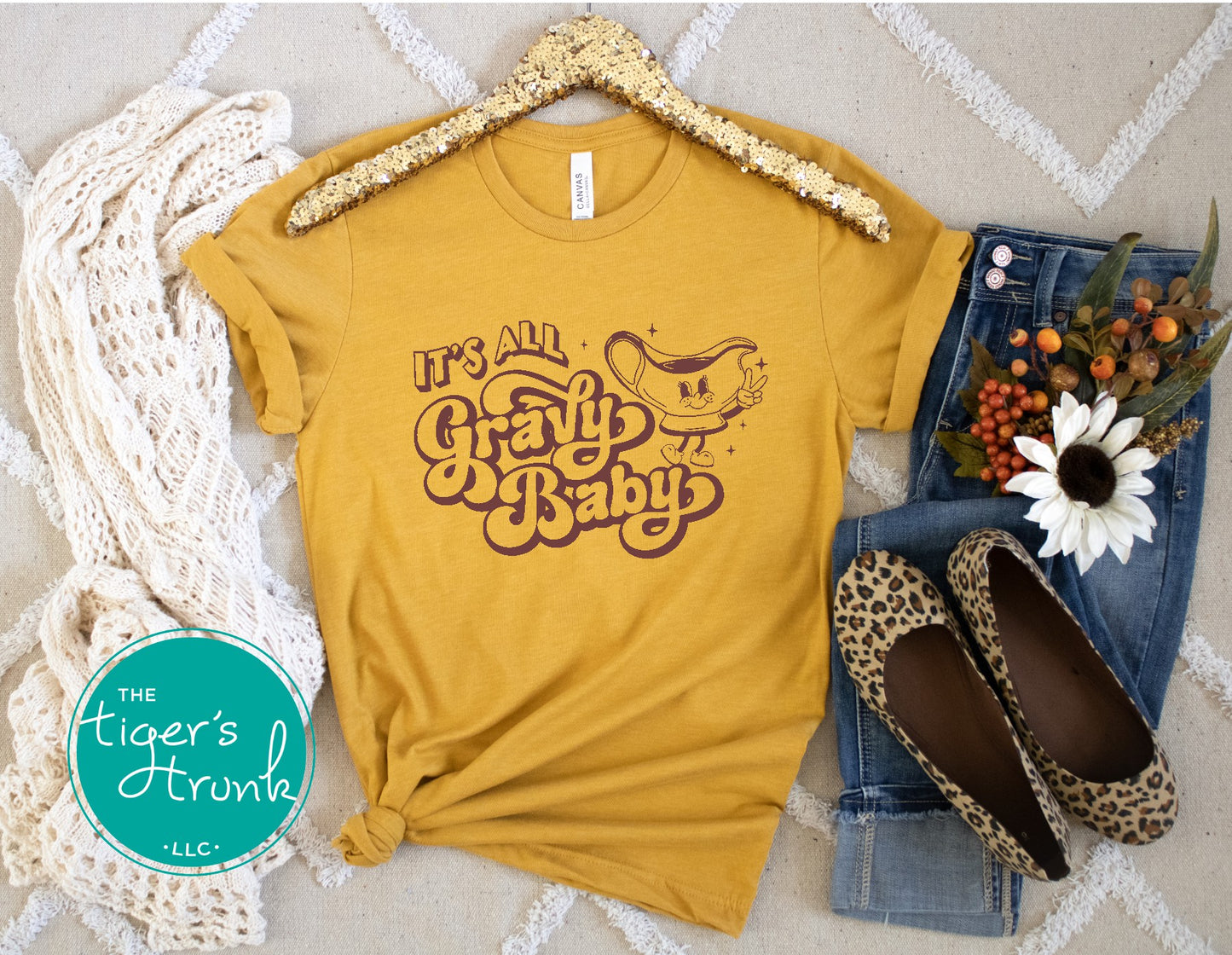 Funny Thanksgiving shirt with “It’s All Gravy Baby” retro design, available in multiple fall colors