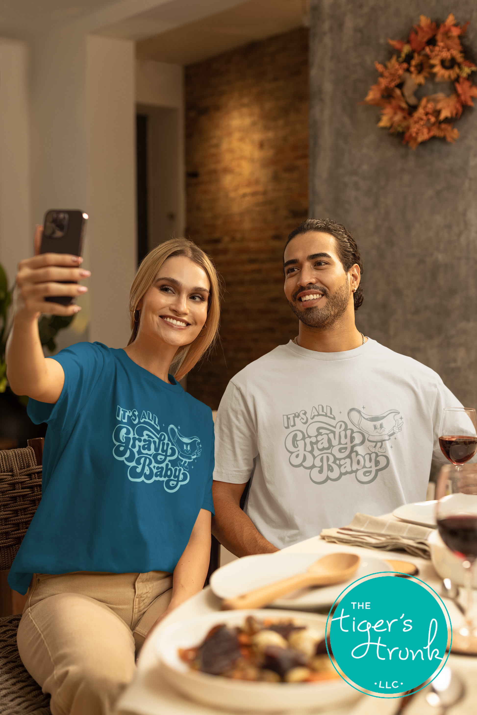 Funny Thanksgiving shirt with “It’s All Gravy Baby” retro design, available in multiple fall colors