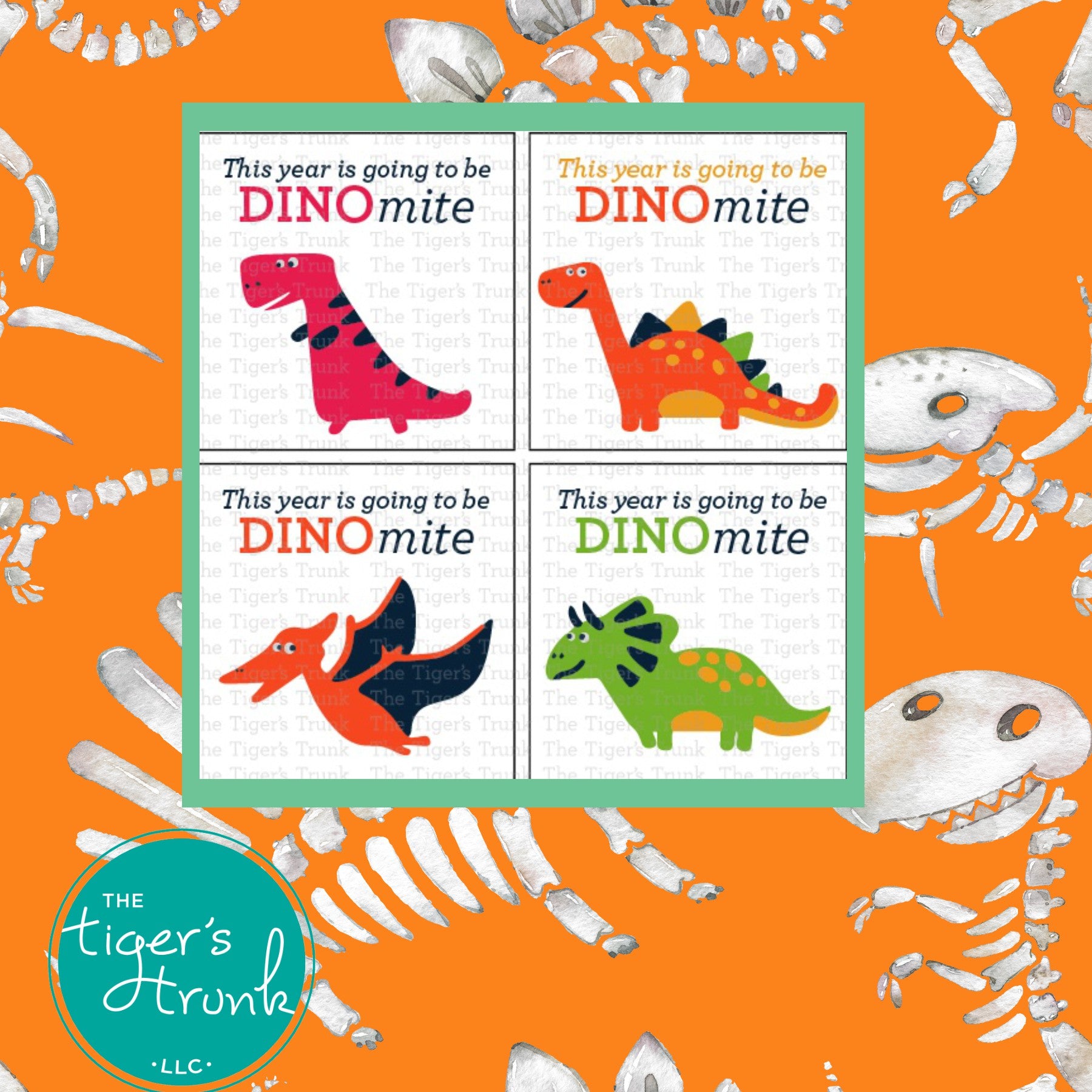 Back-to-school cards with a dinosaur theme featuring the message "This Year Is Going to Be Dinomite," ideal for teachers to give to students.