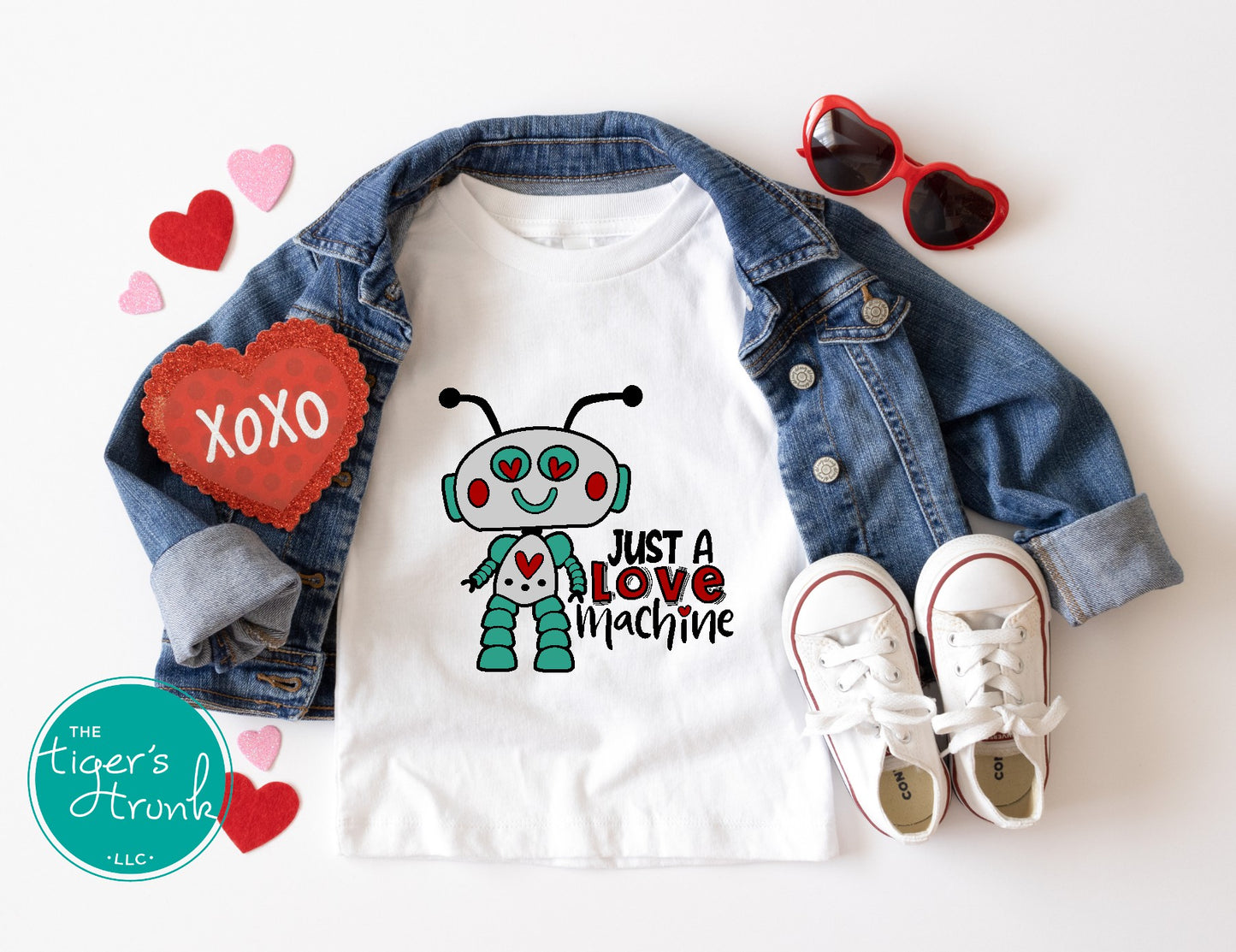 Kids Valentine’s Day t-shirt with the phrase Just a Love Machine, a playful robot-themed STEM design for young enthusiasts.