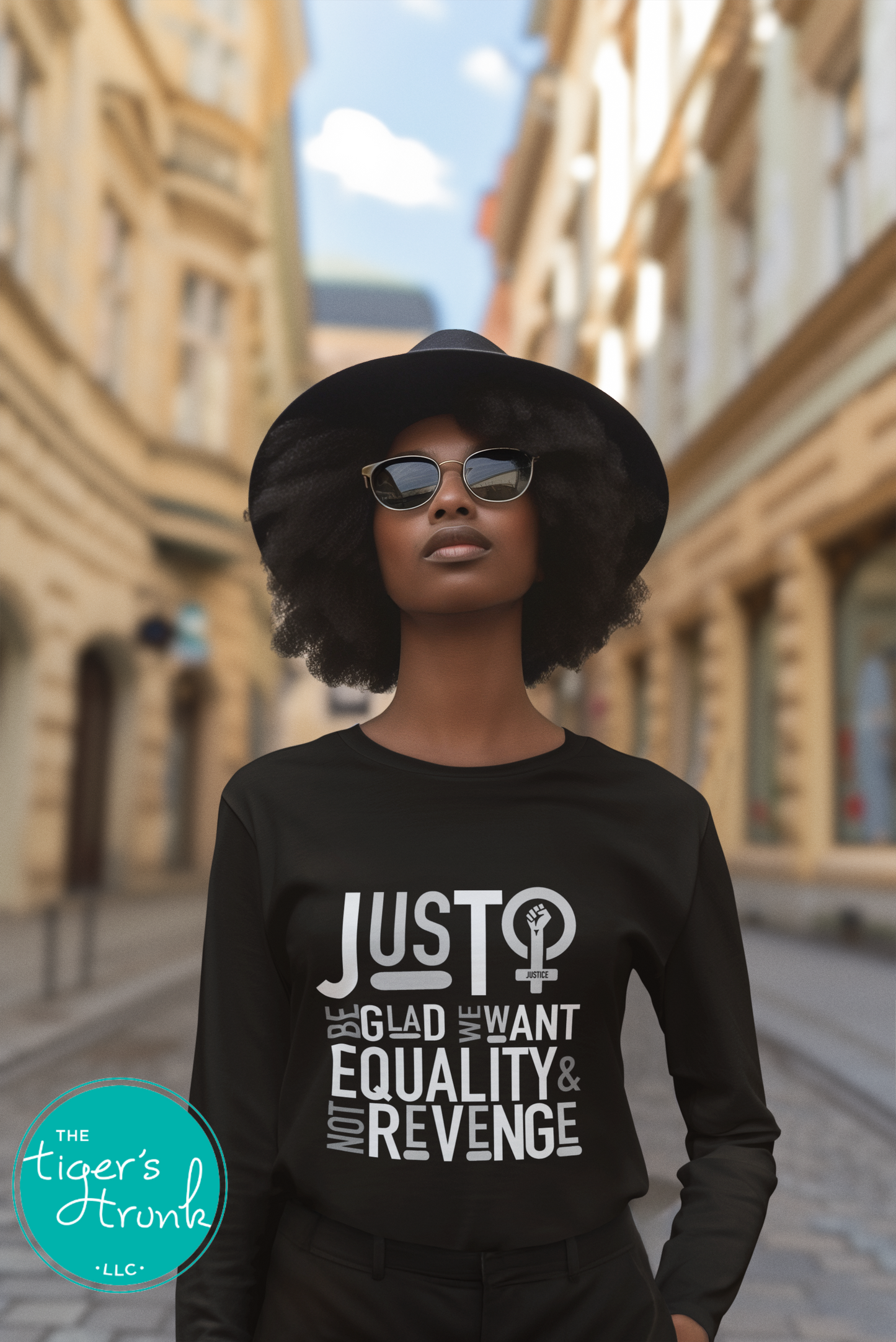 Feminist sweatshirt with Just Be Glad We Want Equality and Not Revenge message, bold social justice empowerment apparel