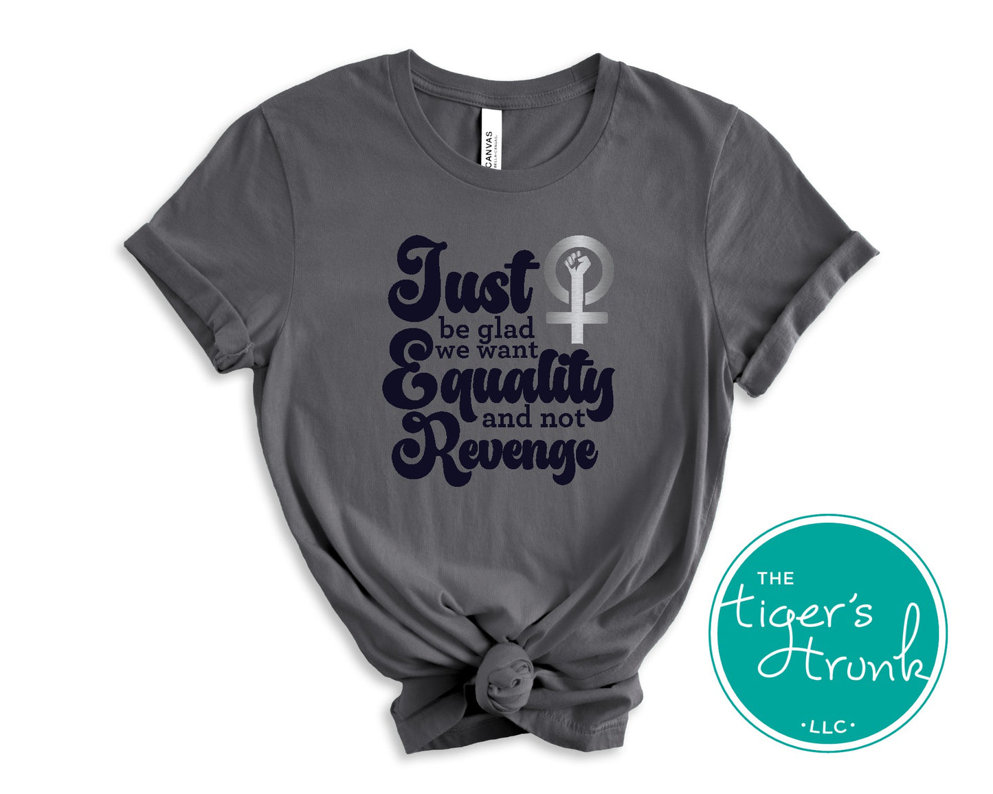 Feminist resistance t-shirt with Just Be Glad We Want Equality and Not Revenge message, bold social justice apparel