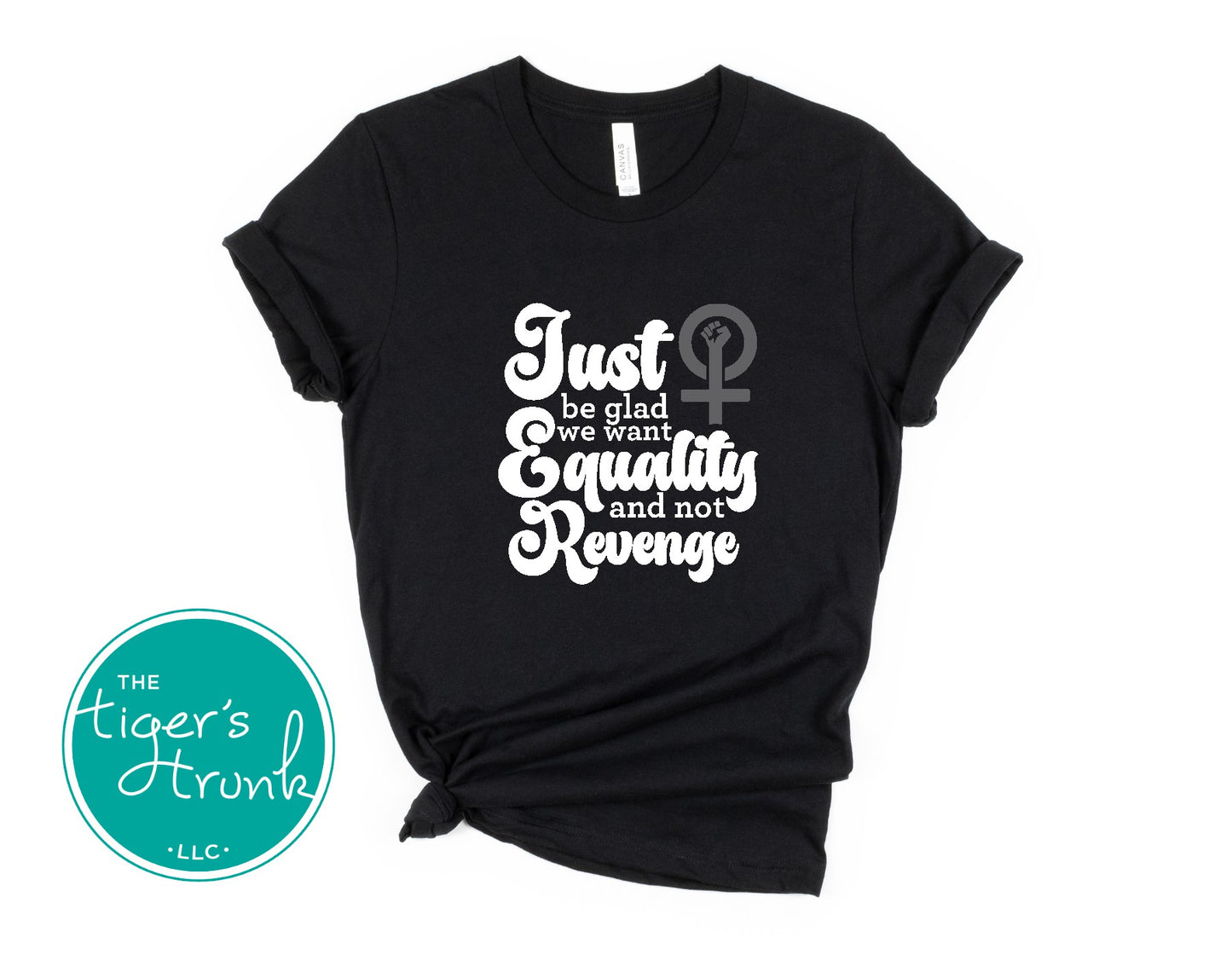 Feminist resistance t-shirt with Just Be Glad We Want Equality and Not Revenge message, bold social justice apparel