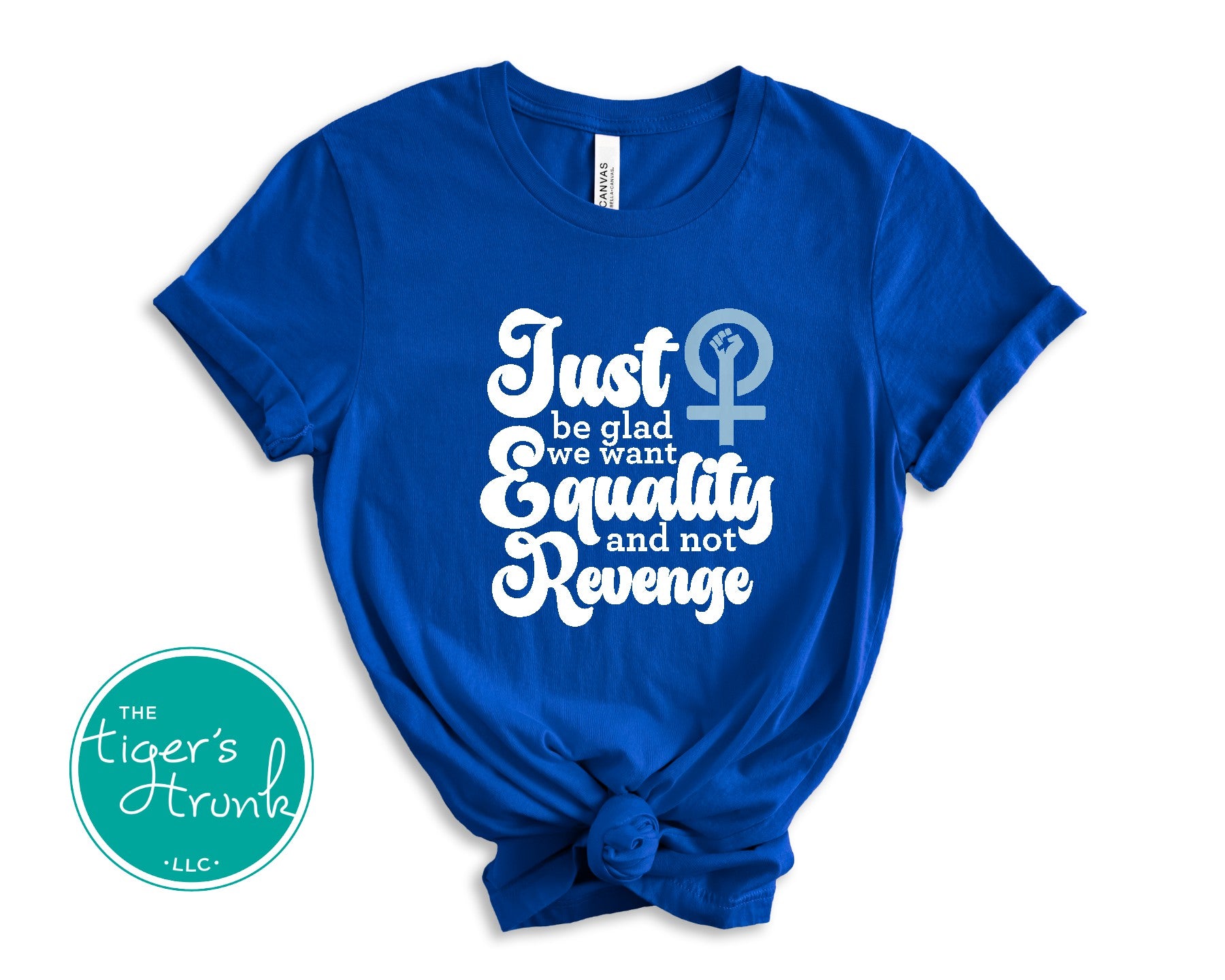 Feminist resistance t-shirt with Just Be Glad We Want Equality and Not Revenge message, bold social justice apparel