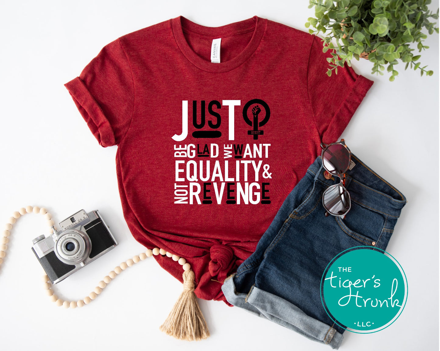 Feminist resistance t-shirt with Just Be Glad We Want Equality and Not Revenge message, bold activist apparel