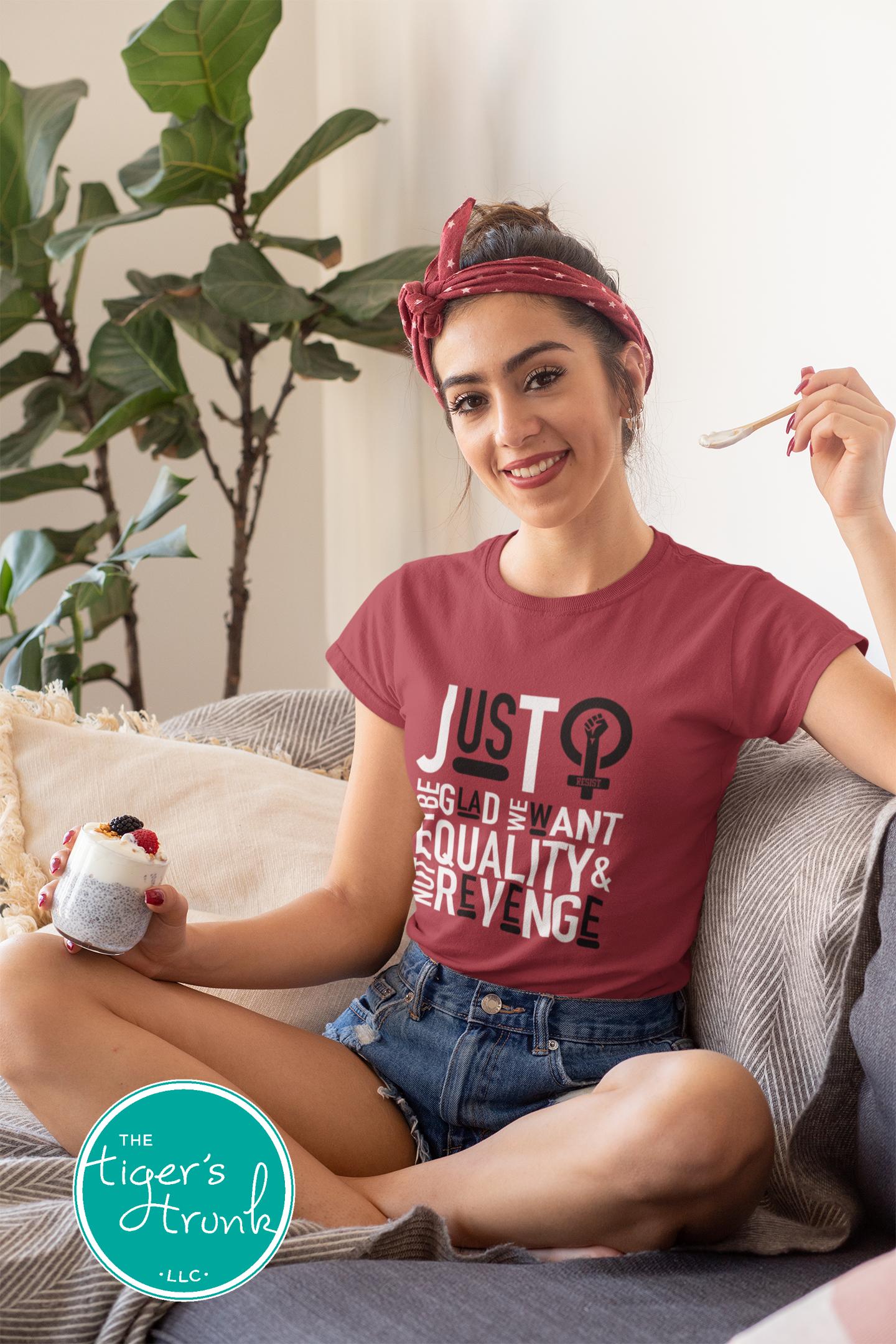 Feminist resistance t-shirt with Just Be Glad We Want Equality and Not Revenge message, bold activist apparel