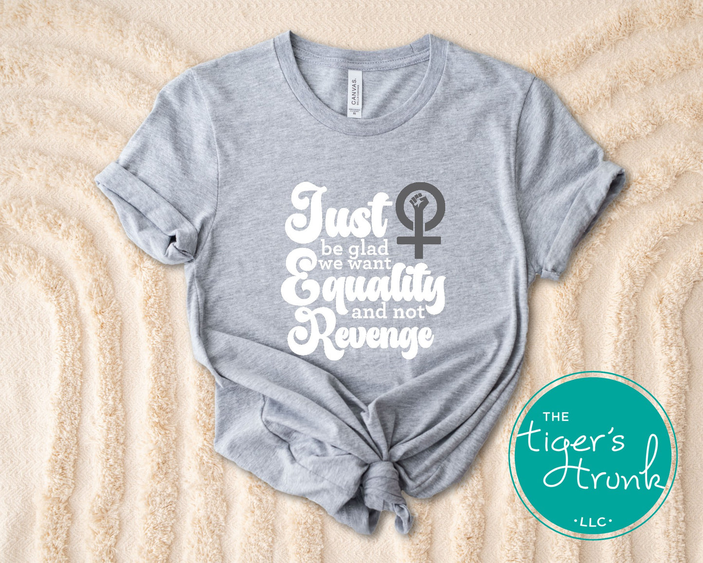 Feminist resistance t-shirt with Just Be Glad We Want Equality and Not Revenge message, bold social justice apparel