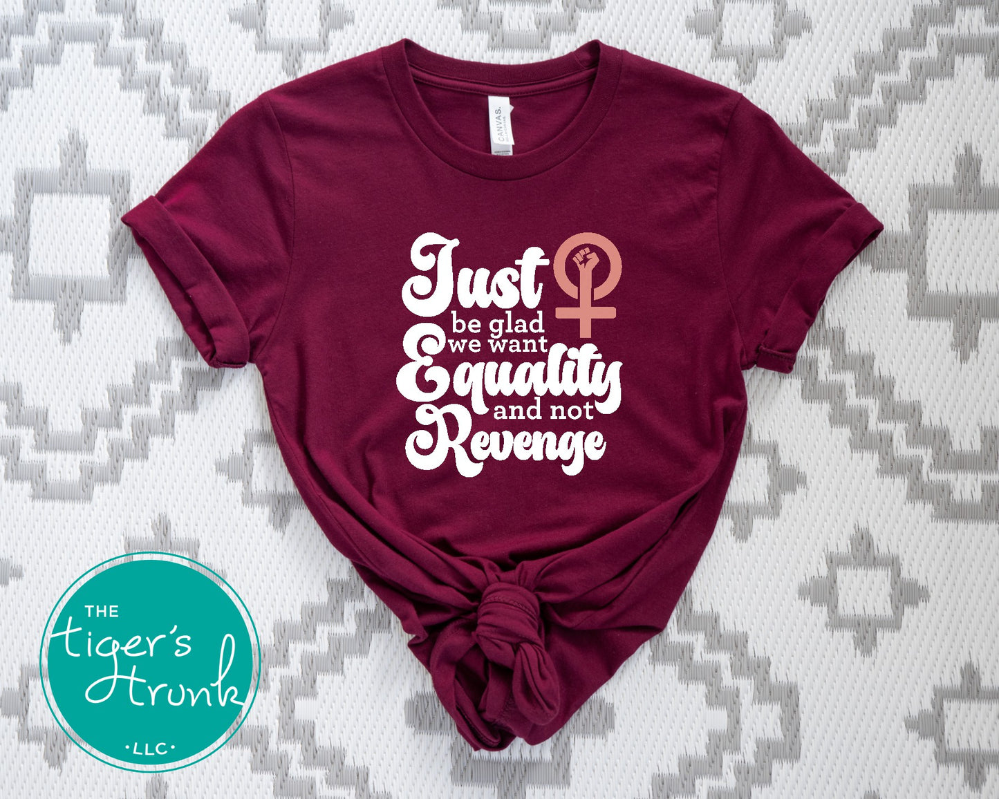 Feminist resistance t-shirt with Just Be Glad We Want Equality and Not Revenge message, bold social justice apparel