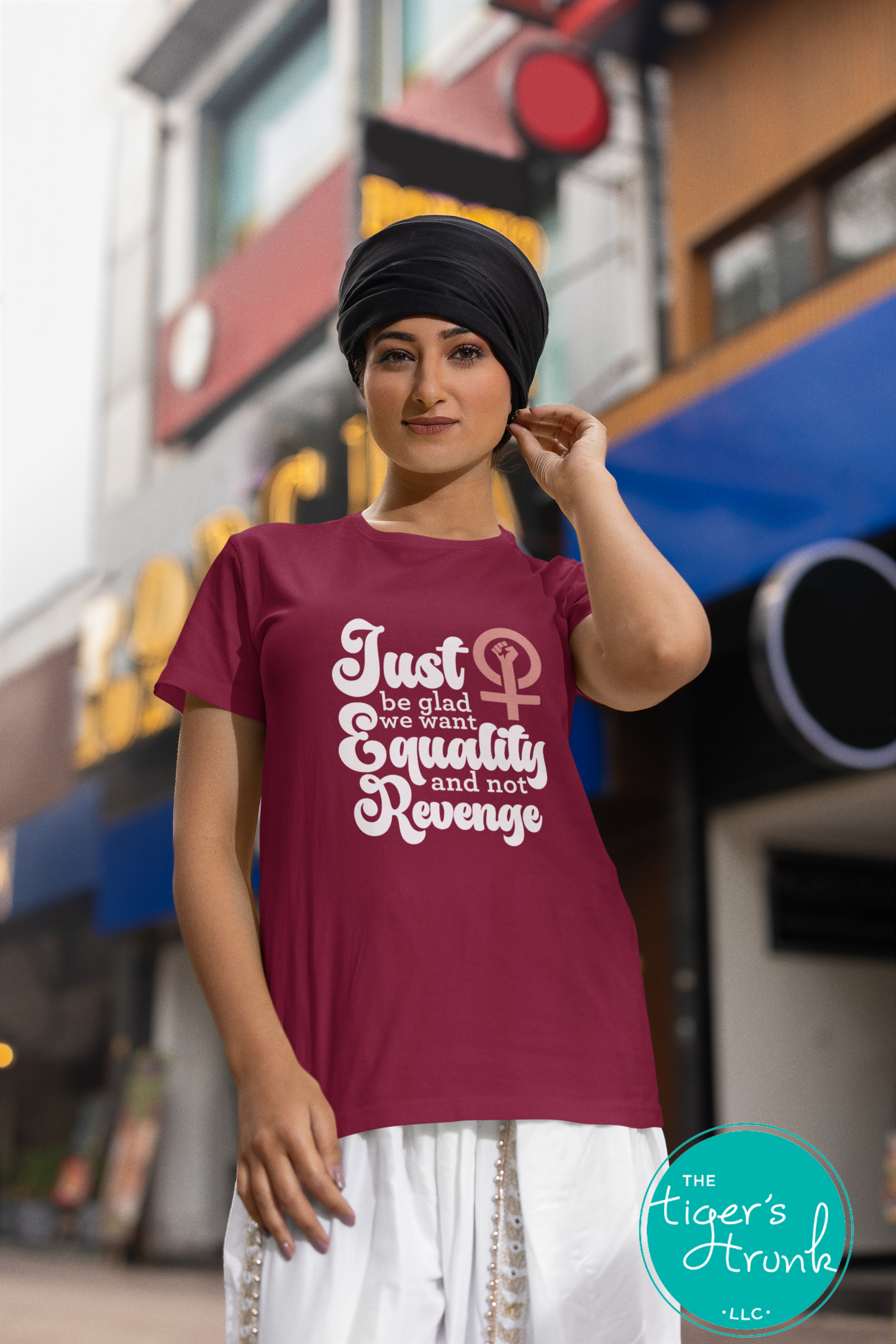 Feminist resistance t-shirt with Just Be Glad We Want Equality and Not Revenge message, bold social justice apparel