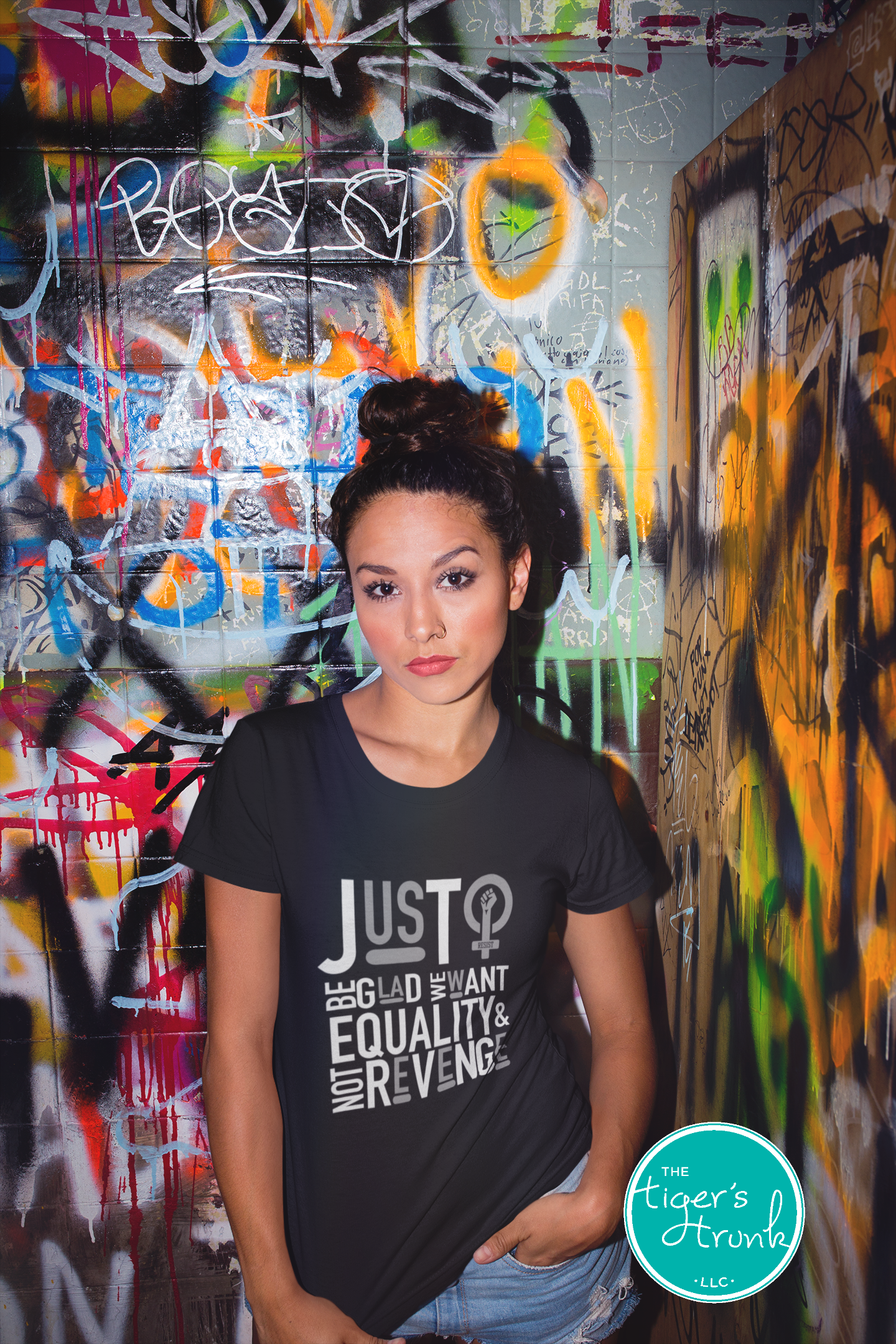 Feminist resistance t-shirt with Just Be Glad We Want Equality and Not Revenge message, bold activist apparel