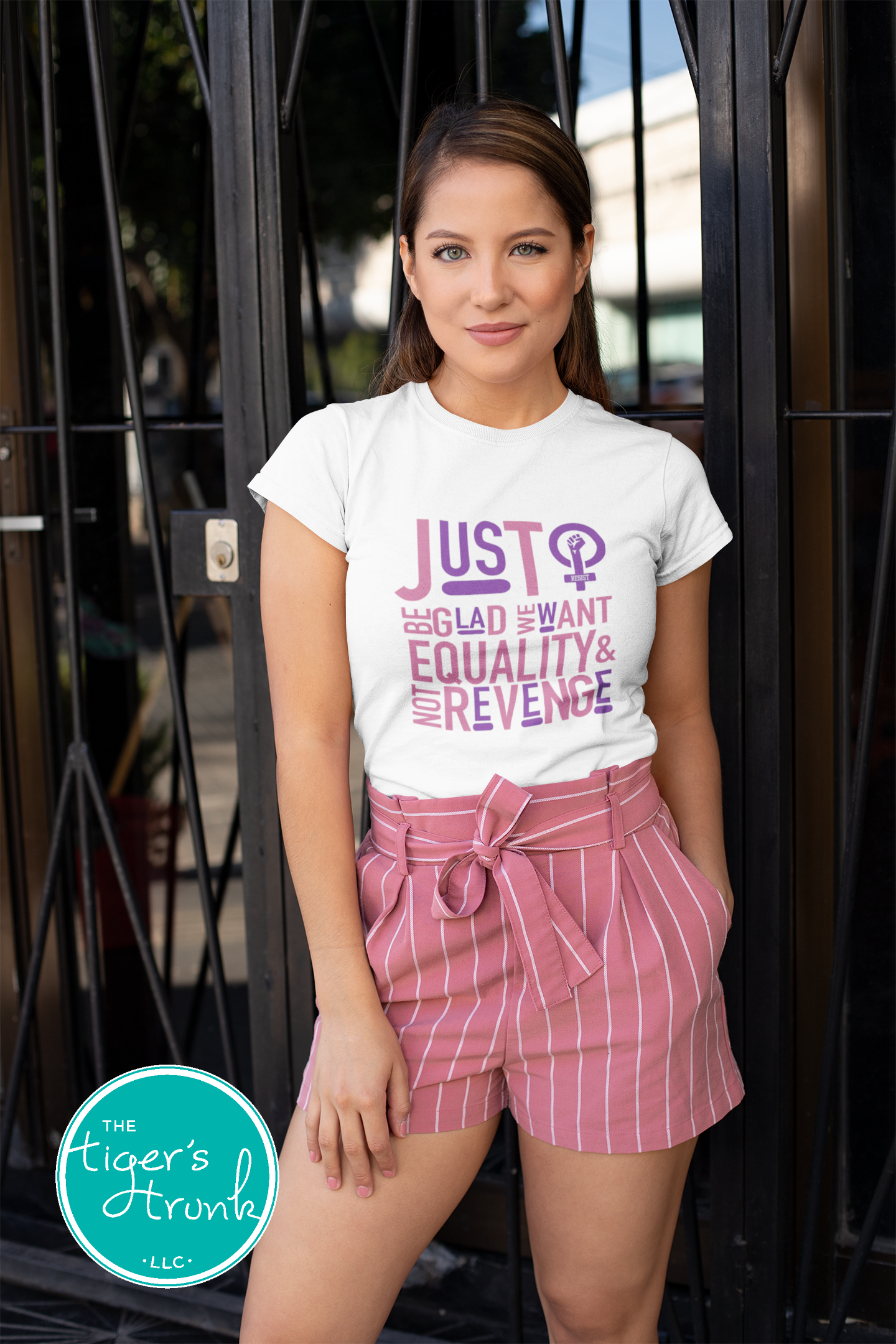 Feminist resistance t-shirt with Just Be Glad We Want Equality and Not Revenge message, bold activist apparel