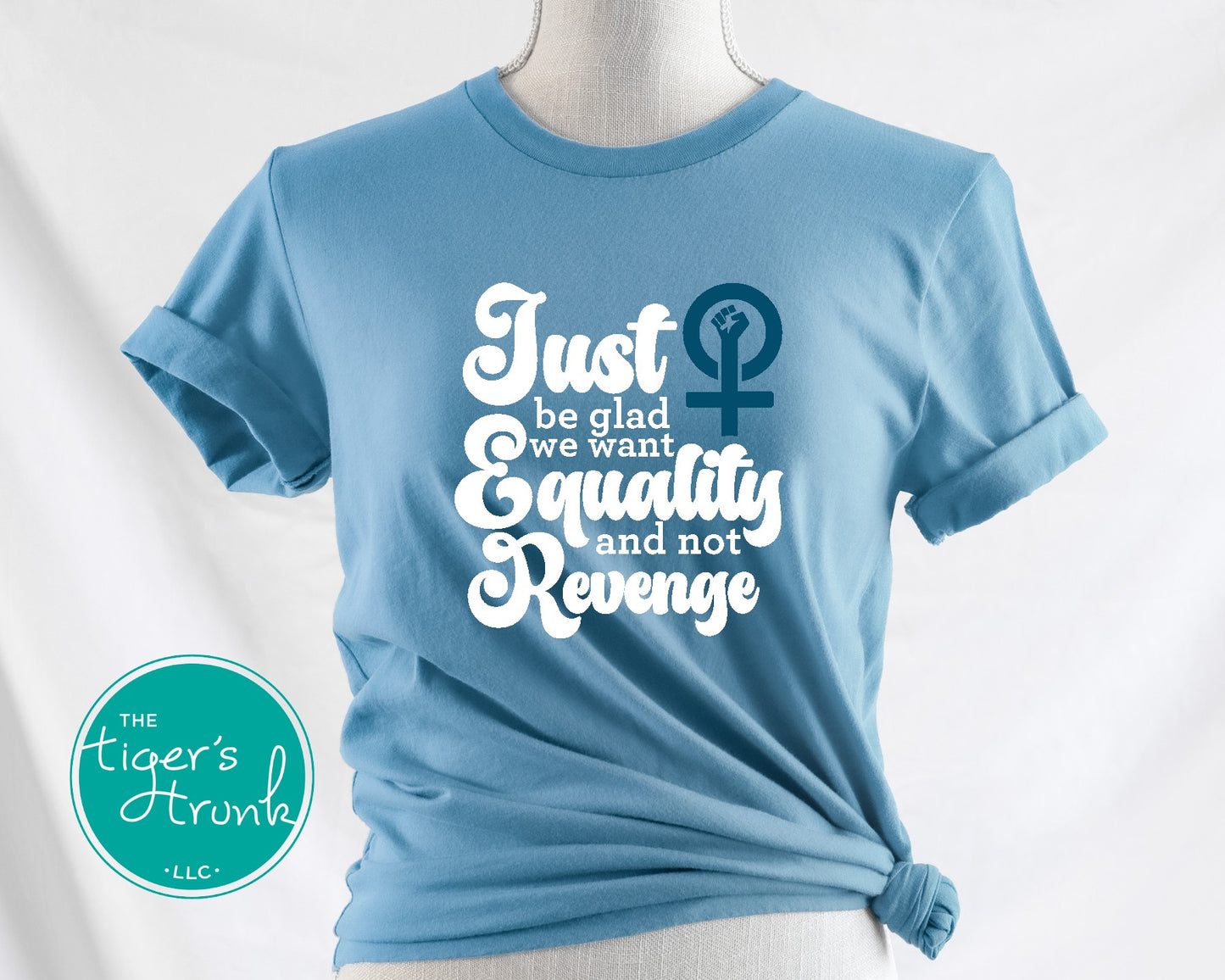 Feminist resistance t-shirt with Just Be Glad We Want Equality and Not Revenge message, bold social justice apparel