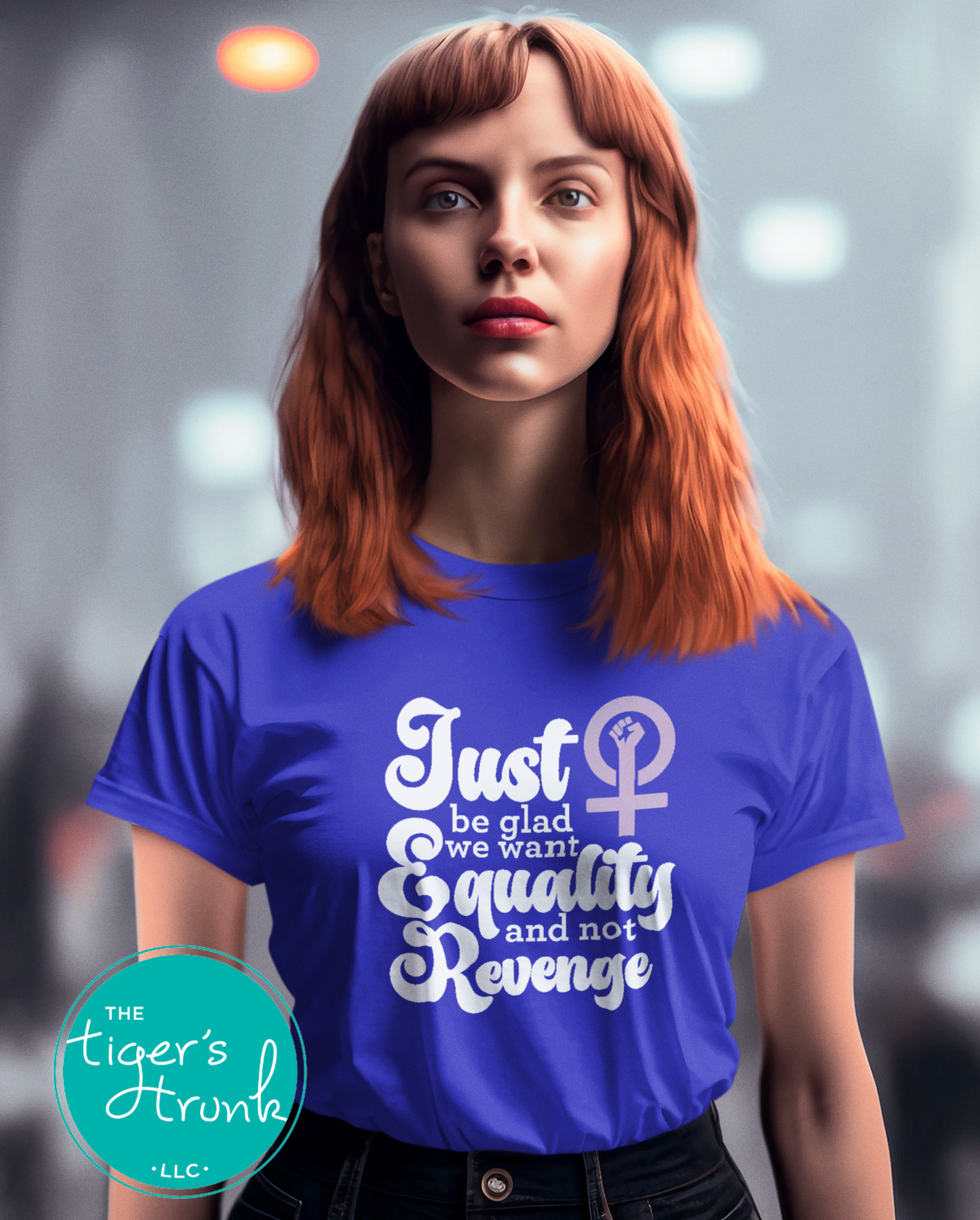 Feminist resistance t-shirt with Just Be Glad We Want Equality and Not Revenge message, bold social justice apparel