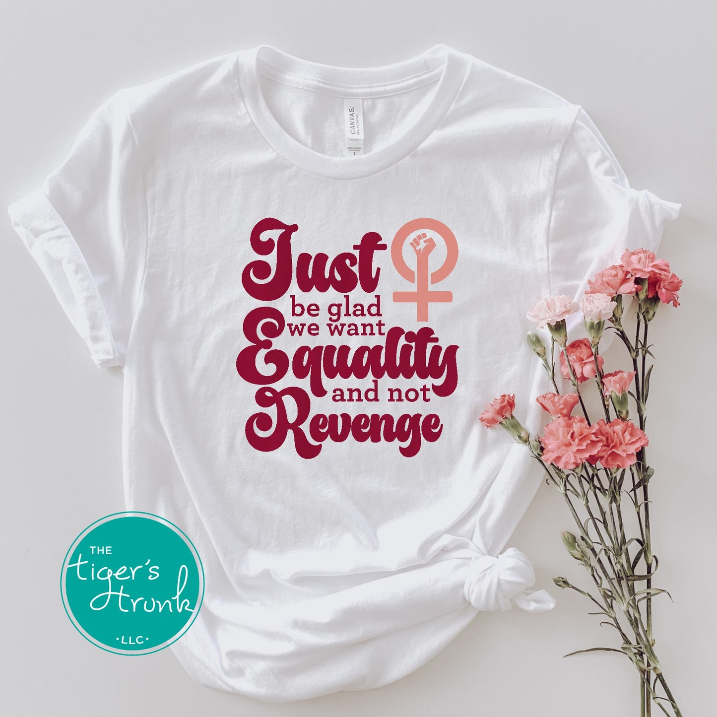 Feminist resistance t-shirt with Just Be Glad We Want Equality and Not Revenge message, bold social justice apparel