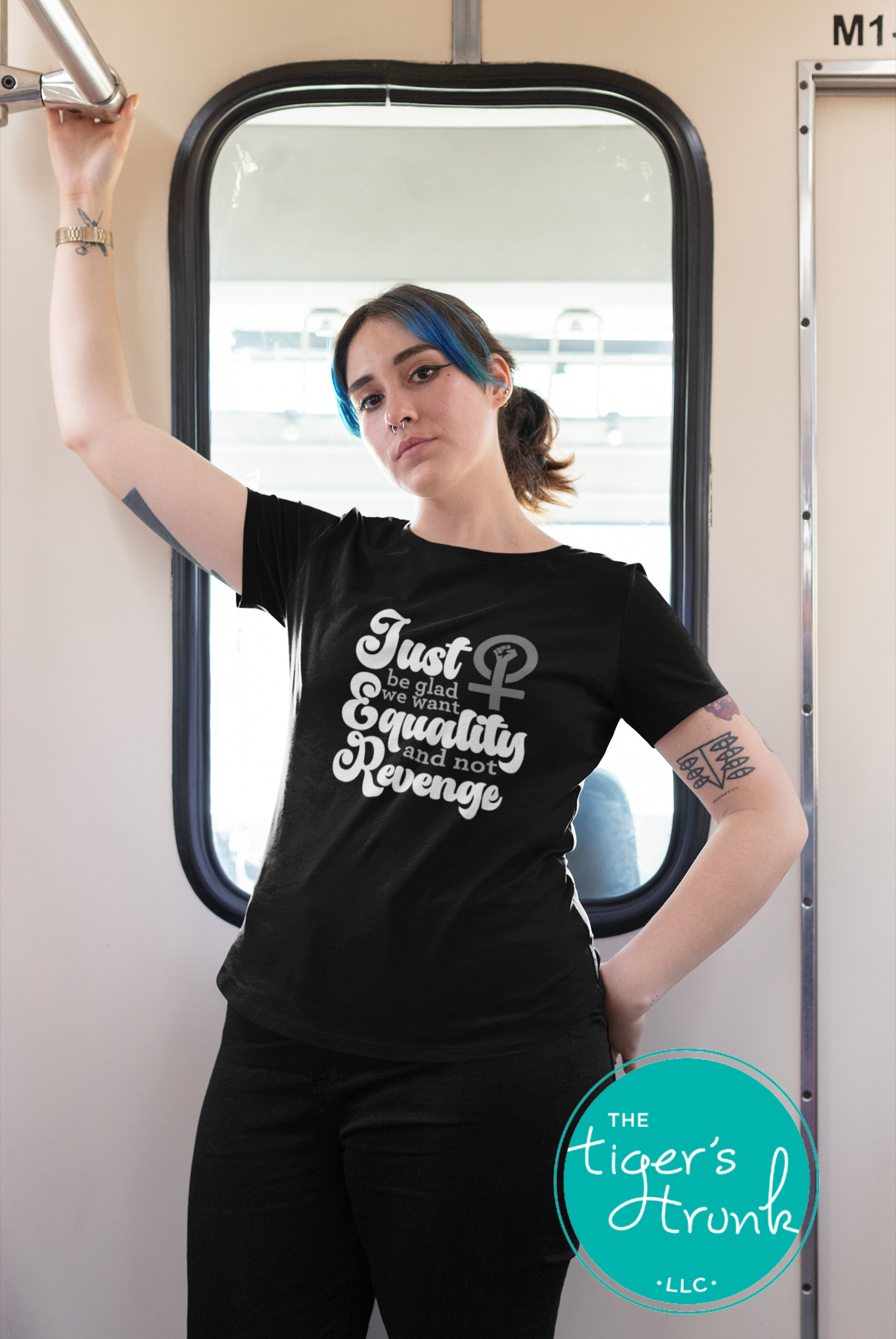 Feminist sweatshirt with Just Be Glad We Want Equality and Not Revenge message, bold social justice apparel