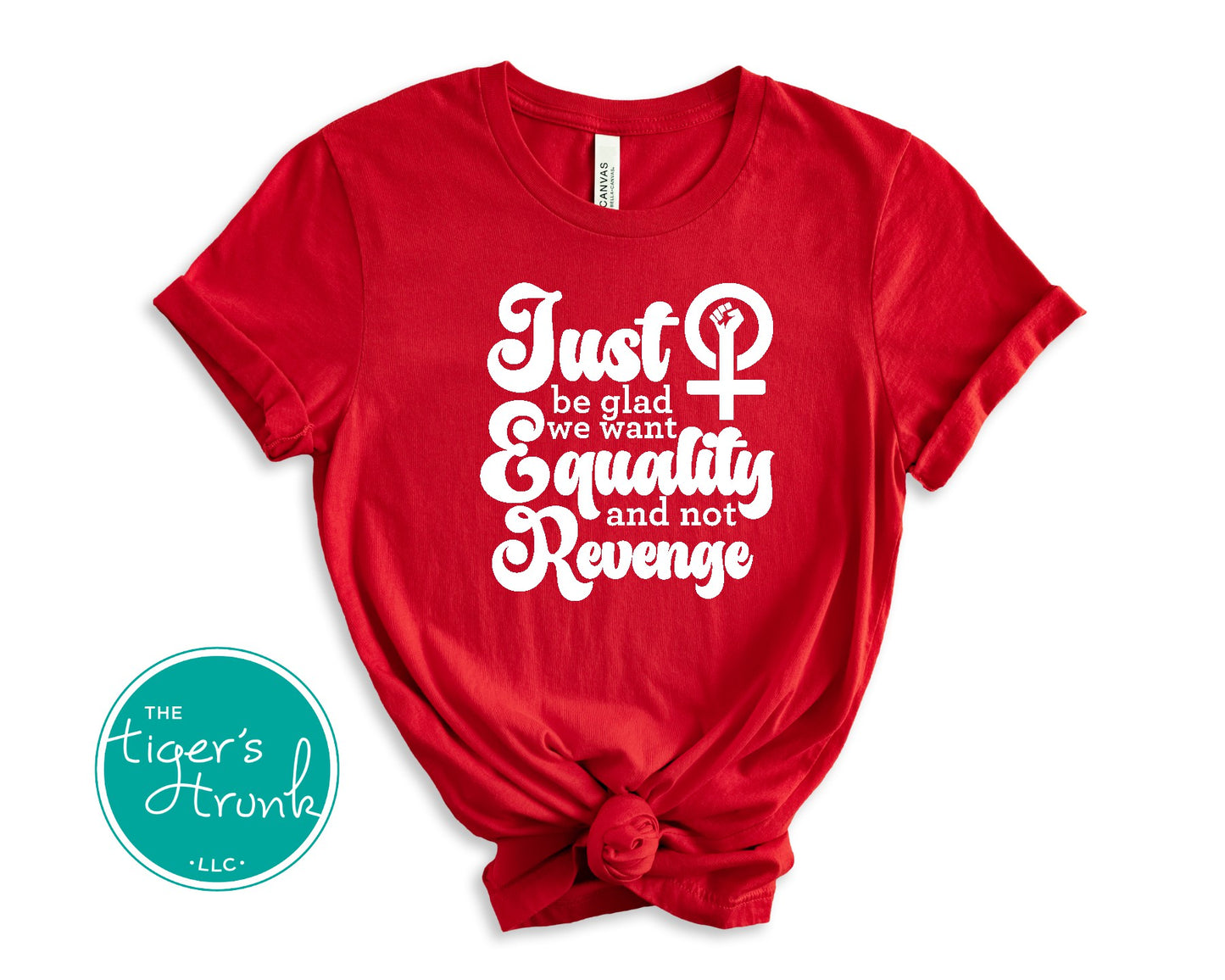 Feminist resistance t-shirt with Just Be Glad We Want Equality and Not Revenge message, bold social justice apparel