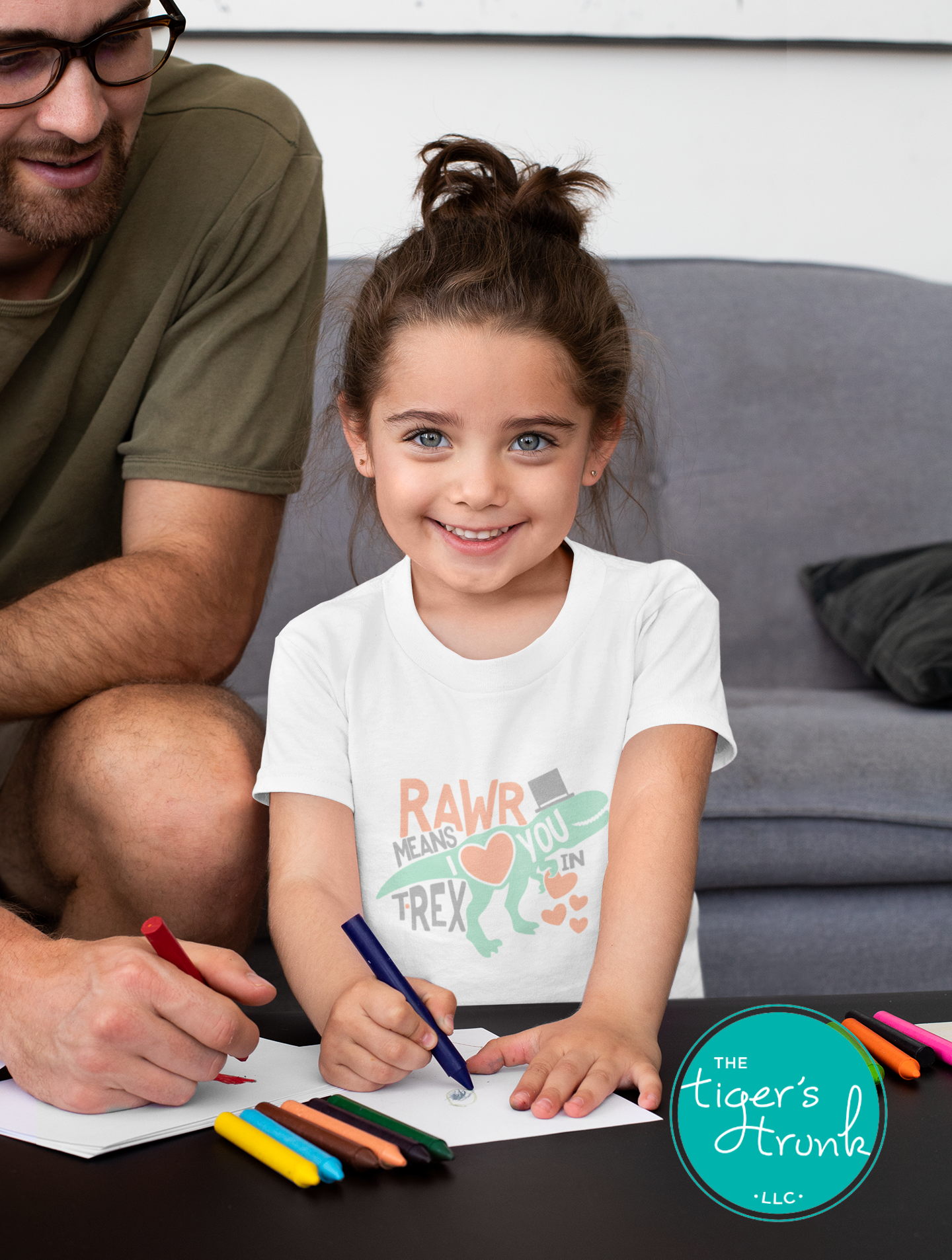 Kids Valentine’s Day t-shirt with a playful T-Rex graphic and the phrase Rawr Means I Love You in T-Rex, perfect for dinosaur fans.