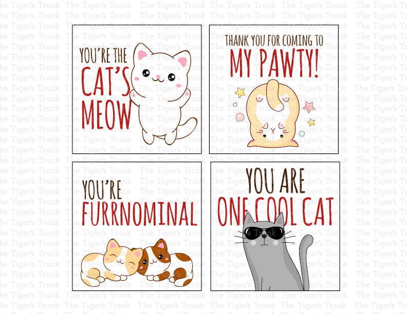 Birthday Party Favor Bag Tags | Thank You Cards | Cat Theme | Instant Download | Printable Tags