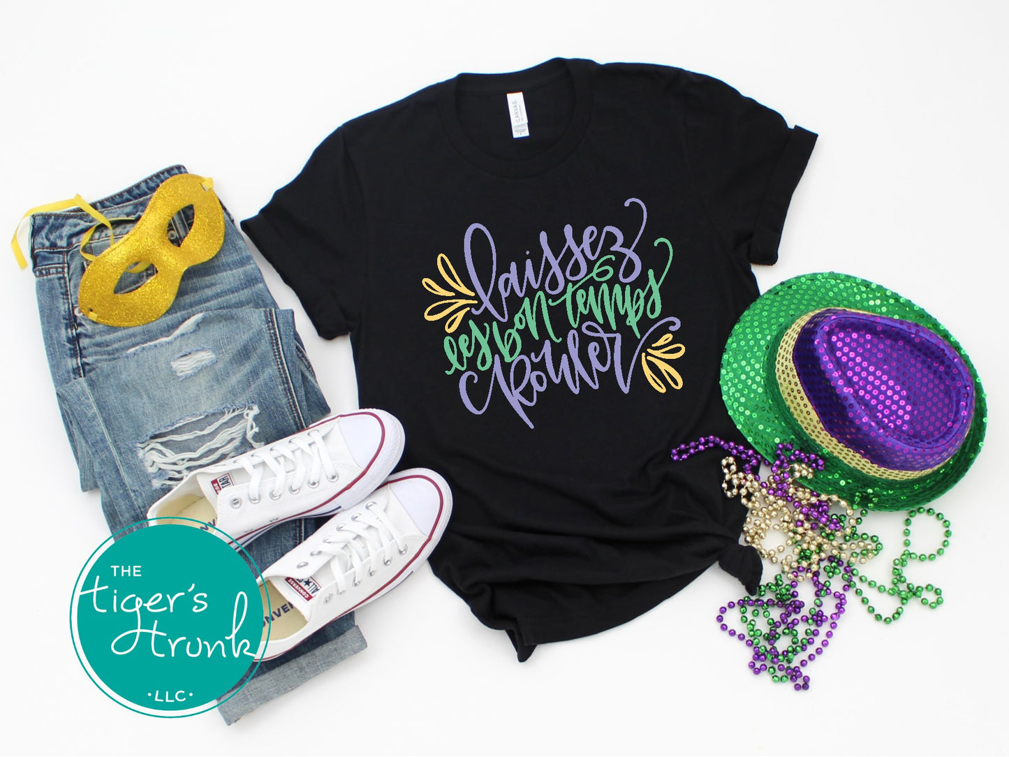 Mardi Gras t-shirt featuring Laissez les Bon Temps Rouler, perfect for parades and New Orleans celebrations.