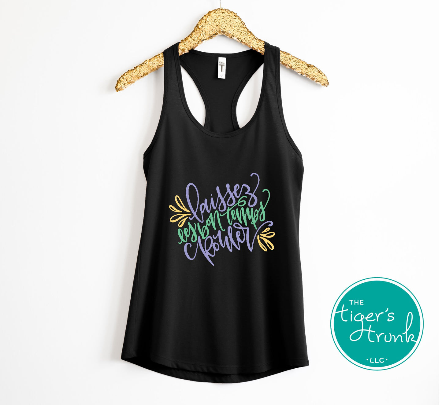 Mardi Gras racerback tank top with Laissez les Bon Temps Rouler design, perfect for parades, parties, and celebrations.