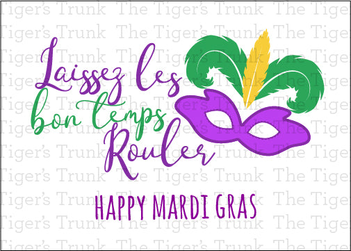 Printable Mardi Gras card featuring Laissez les Bon Temps Rouler, instant download perfect for parties and parades.