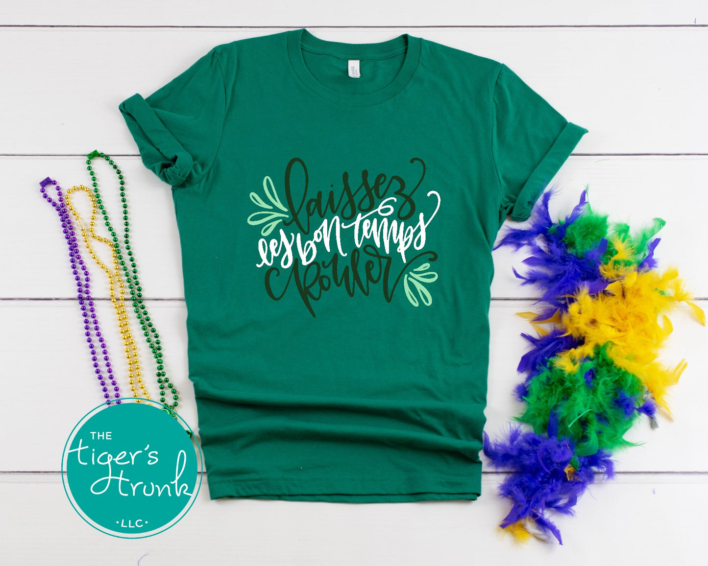 Mardi Gras t-shirt featuring Laissez les Bon Temps Rouler, perfect for parades and New Orleans celebrations.