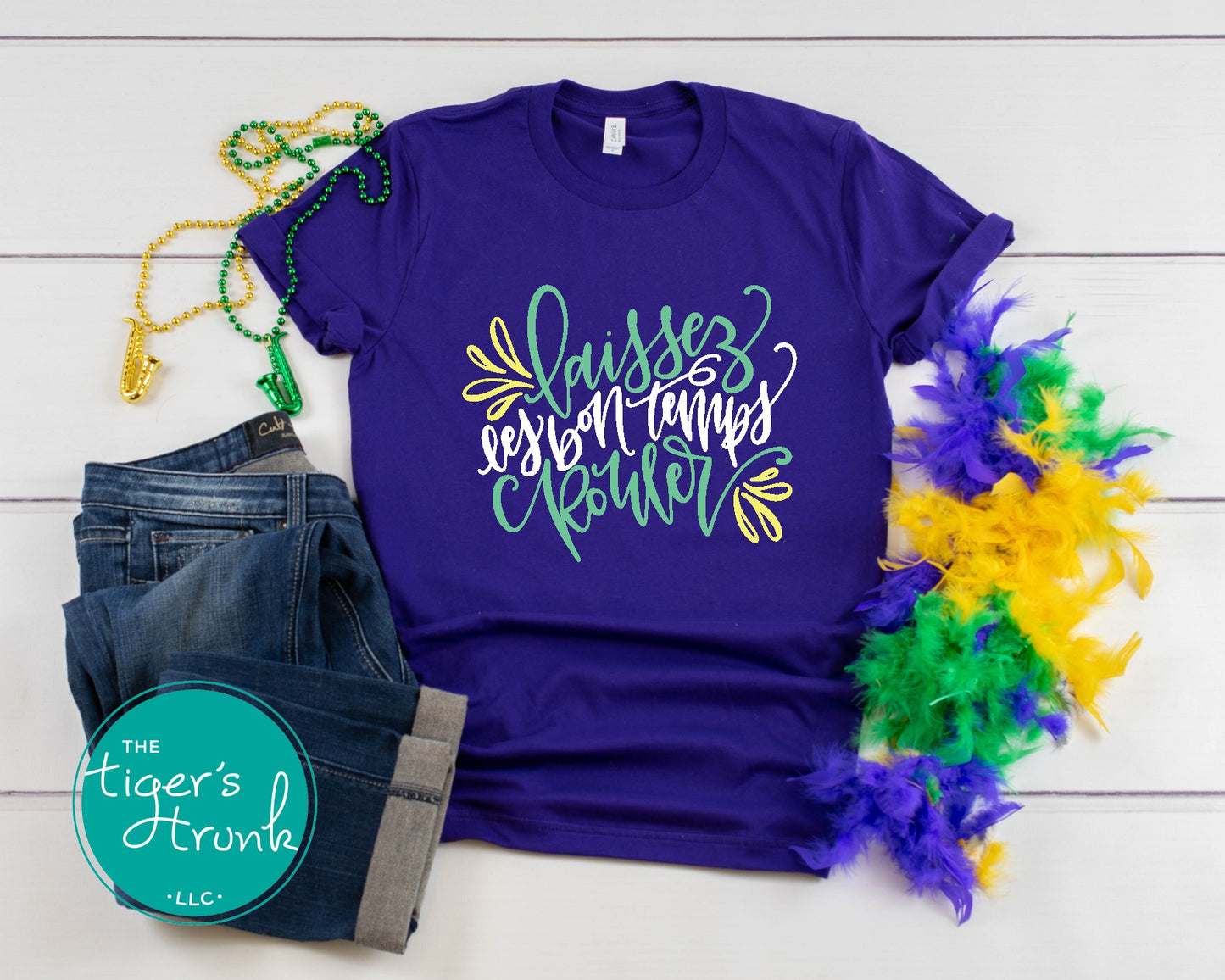 Mardi Gras t-shirt featuring Laissez les Bon Temps Rouler, perfect for parades and New Orleans celebrations.