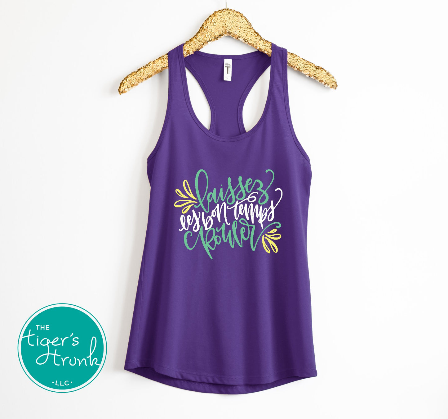 Mardi Gras racerback tank top with Laissez les Bon Temps Rouler design, perfect for parades, parties, and celebrations.