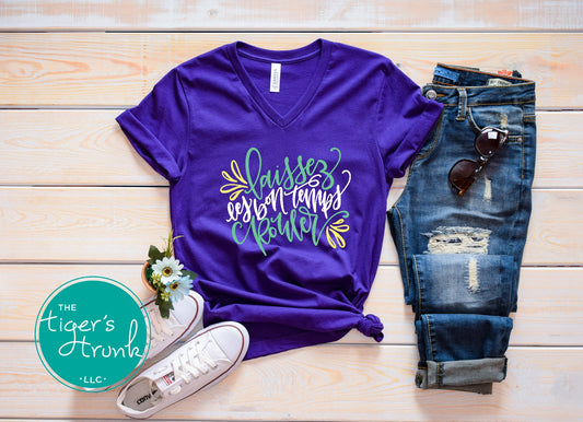 Mardi Gras v-neck shirt featuring the phrase Laissez les Bon Temps Rouler, perfect for parades and parties.