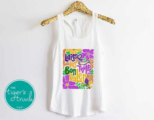 Racerback tank top with the phrase "Laissez les Bon Temps Rouler" in a tropical vintage design using purple, green, and gold colors.