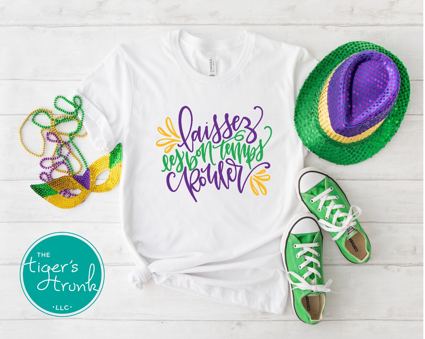 Mardi Gras t-shirt featuring Laissez les Bon Temps Rouler, perfect for parades and New Orleans celebrations.