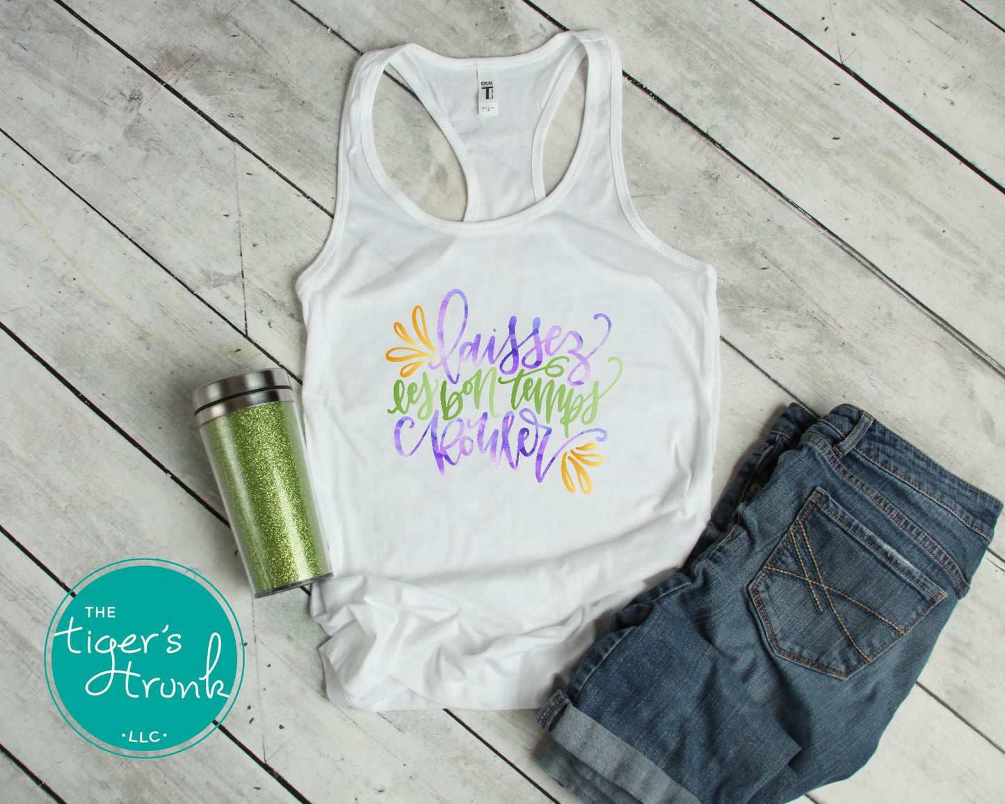 Mardi Gras racerback tank top with Laissez les Bon Temps Rouler design, perfect for parades, parties, and celebrations.