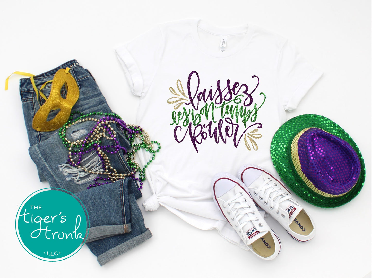 Mardi Gras t-shirt featuring Laissez les Bon Temps Rouler, perfect for parades and New Orleans celebrations.