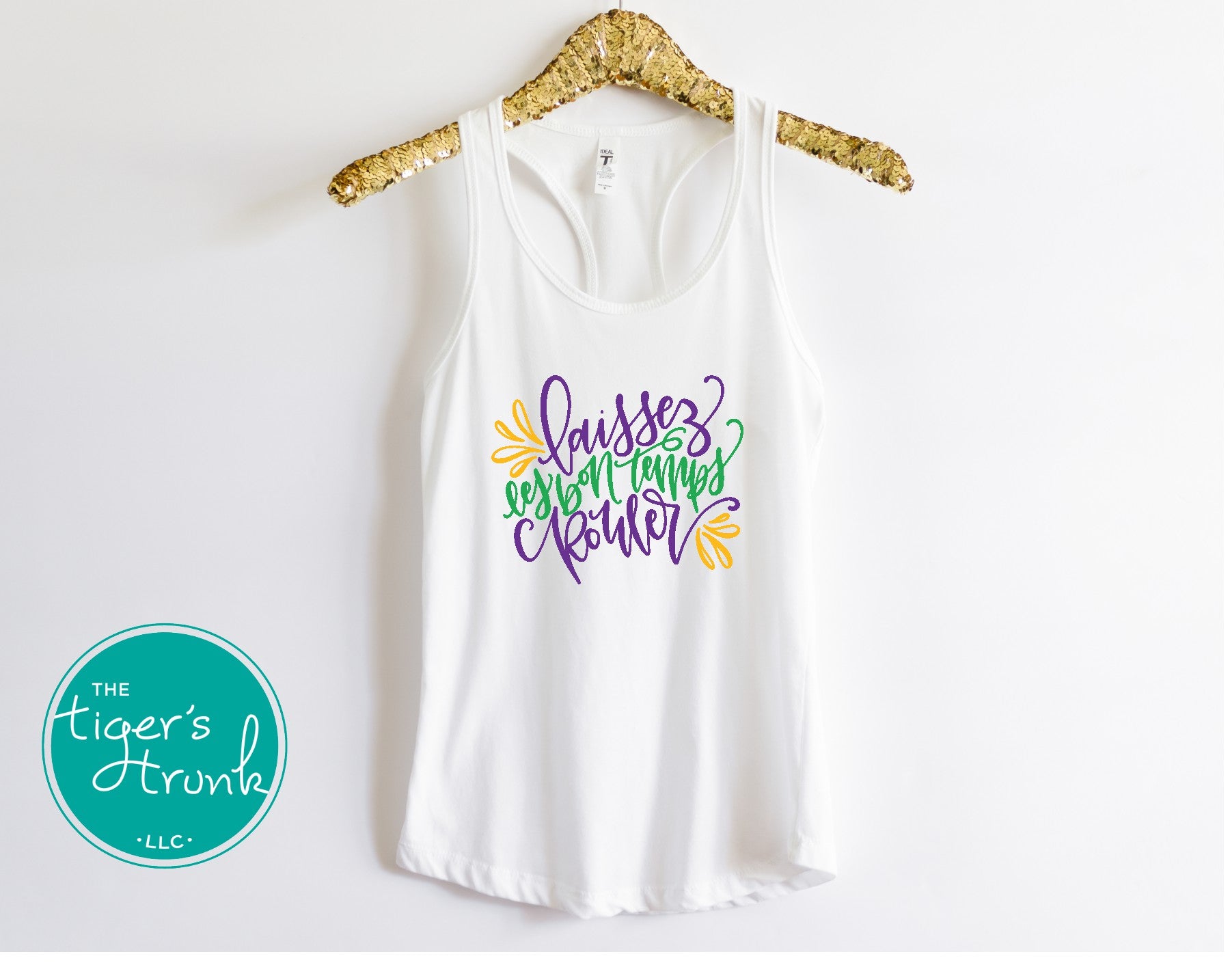 Mardi Gras racerback tank top with Laissez les Bon Temps Rouler design, perfect for parades, parties, and celebrations.