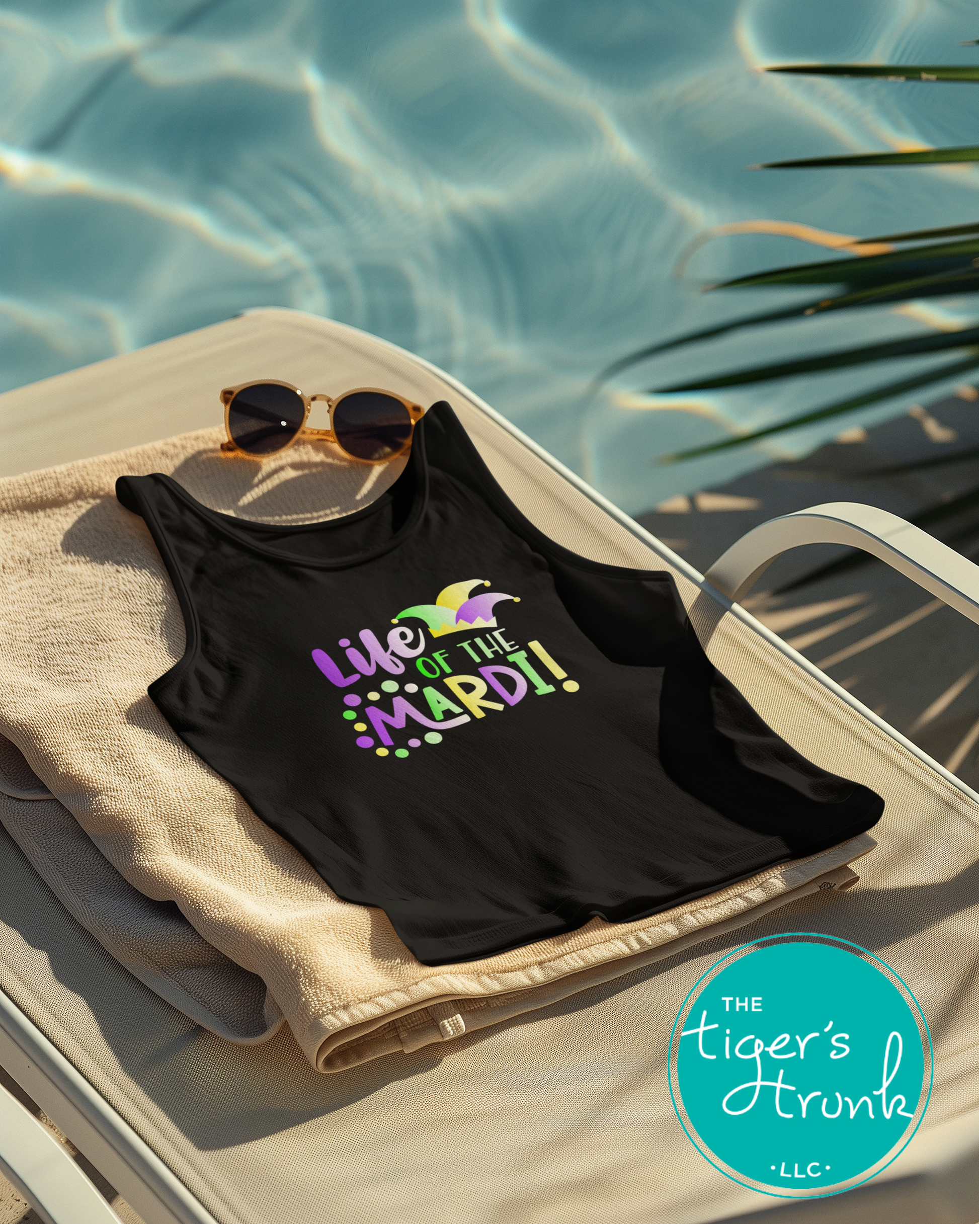 Life of the Mardi shirt with a watercolor design in purple, green, and gold, available as a t-shirt or muscle tank, perfect for Mardi Gras celebrations.