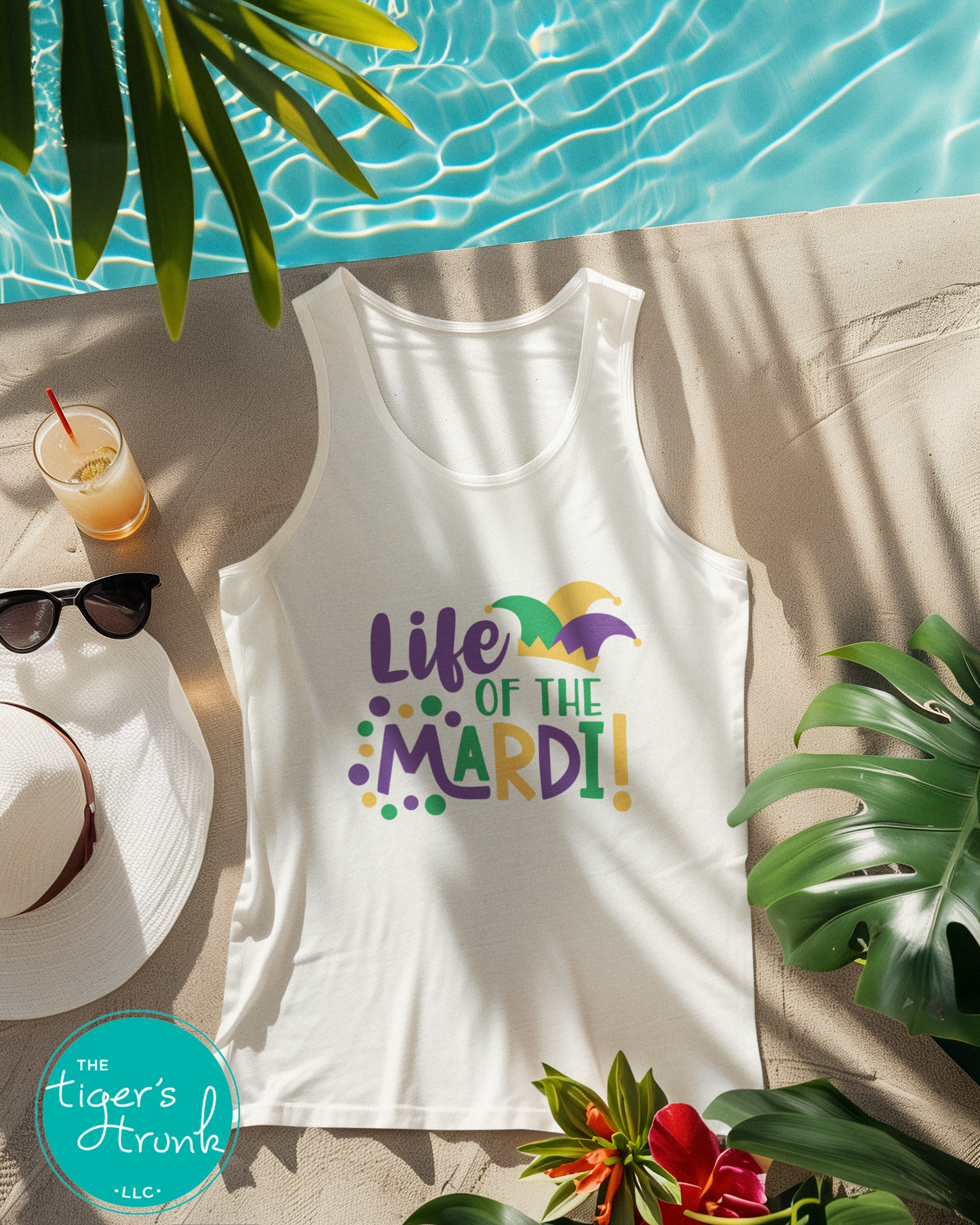 Life of the Mardi shirt with a watercolor design in purple, green, and gold, available as a t-shirt or muscle tank, perfect for Mardi Gras celebrations.