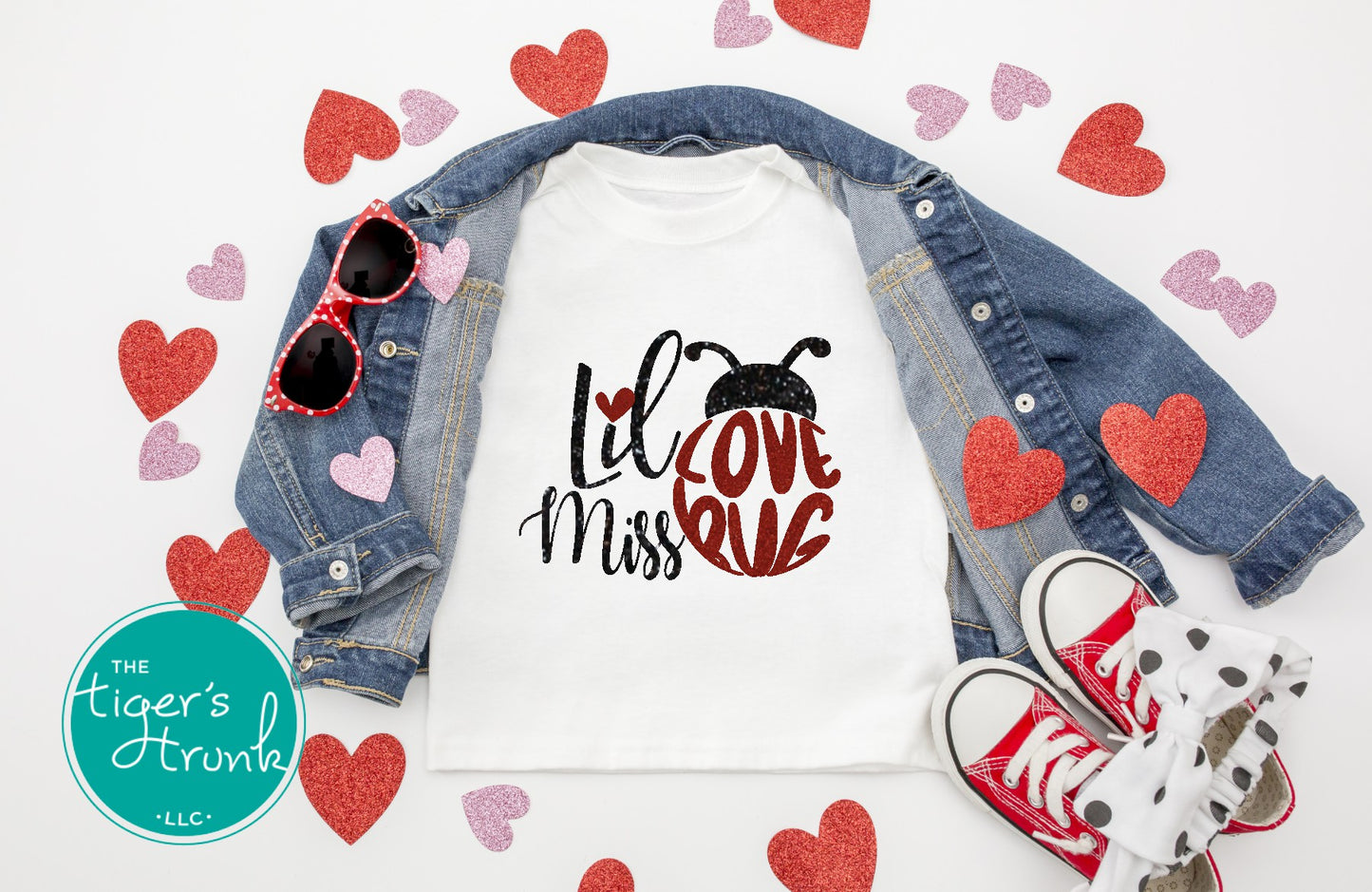 Cute Valentine’s Day t-shirt with the phrase Lil Miss Lovebug, perfect for kids to celebrate the holiday in style.