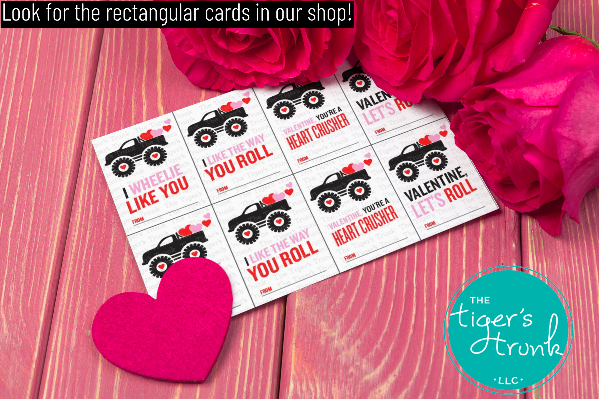 Printable Valentine’s Day cards featuring monster trucks and hearts, instant download with 4 unique designs for kids.