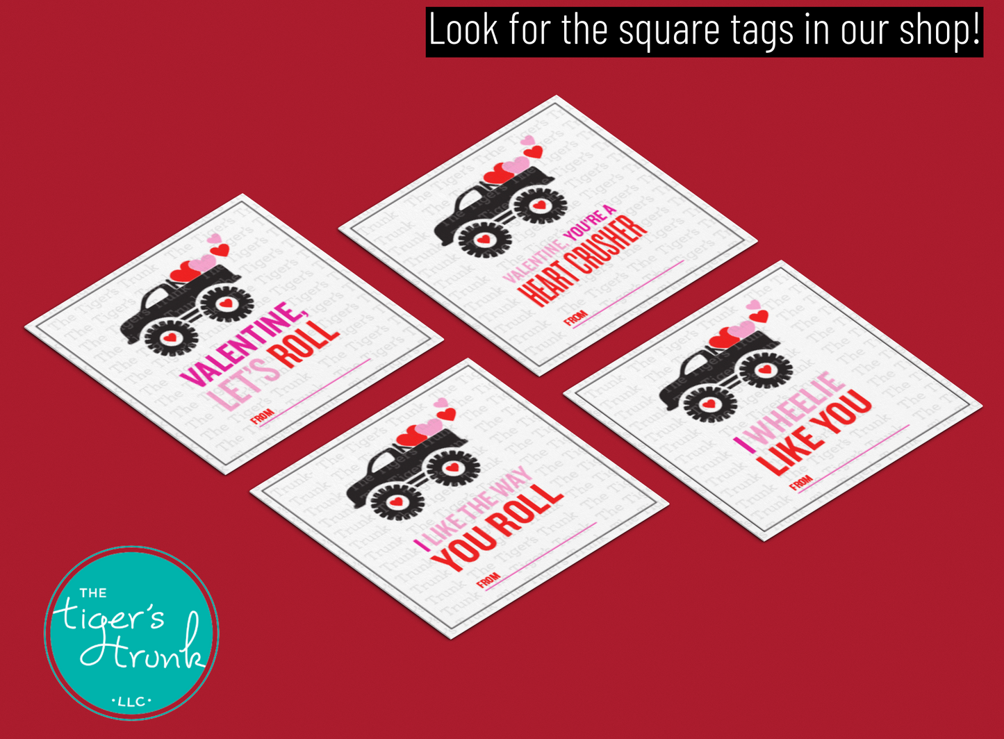 Printable Valentine’s Day cards featuring monster trucks and hearts, instant download with 4 unique designs for kids.