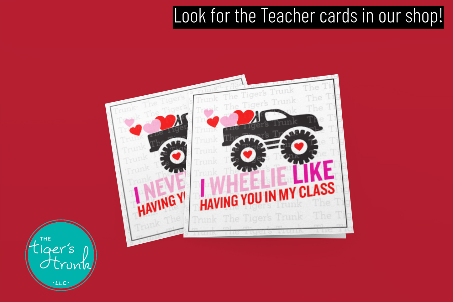 Printable Valentine’s Day cards featuring monster trucks and hearts, instant download with 4 unique designs for kids.