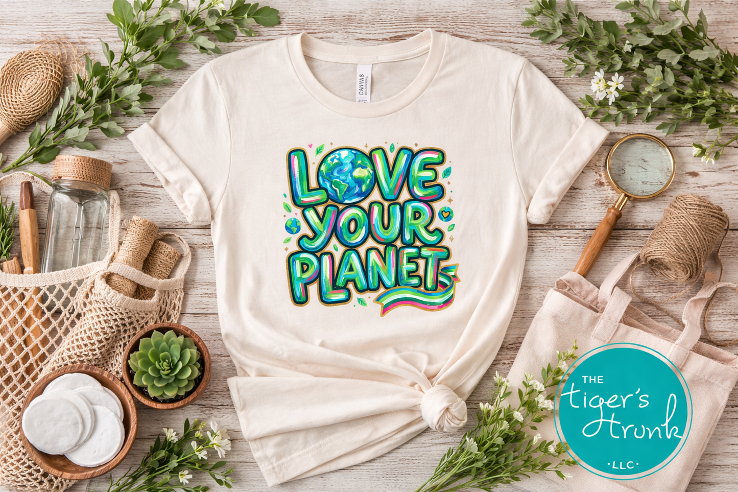 White t-shirt with 'Love Your Planet' design on a wooden surface with natural elements.