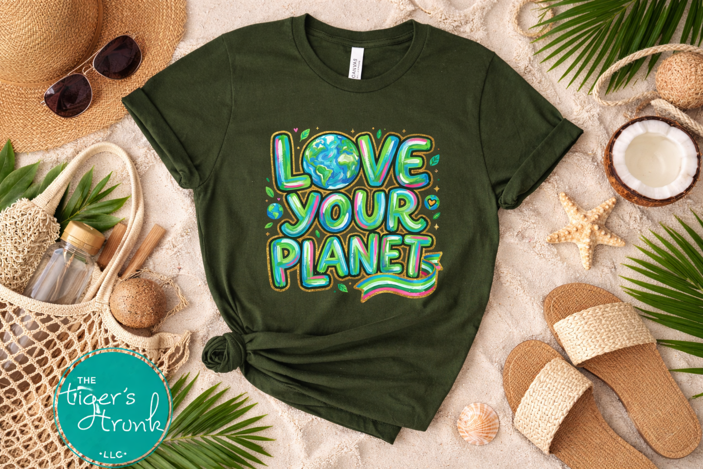 Green t-shirt with 'Love Your Planet' design on a sandy background with beach accessories.