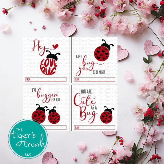 Ladybug-themed Valentine’s tags with messages like "Can I Bug You to Be Mine?" and "You Are Cute as a Bug," ideal for gift bags and classroom exchanges.