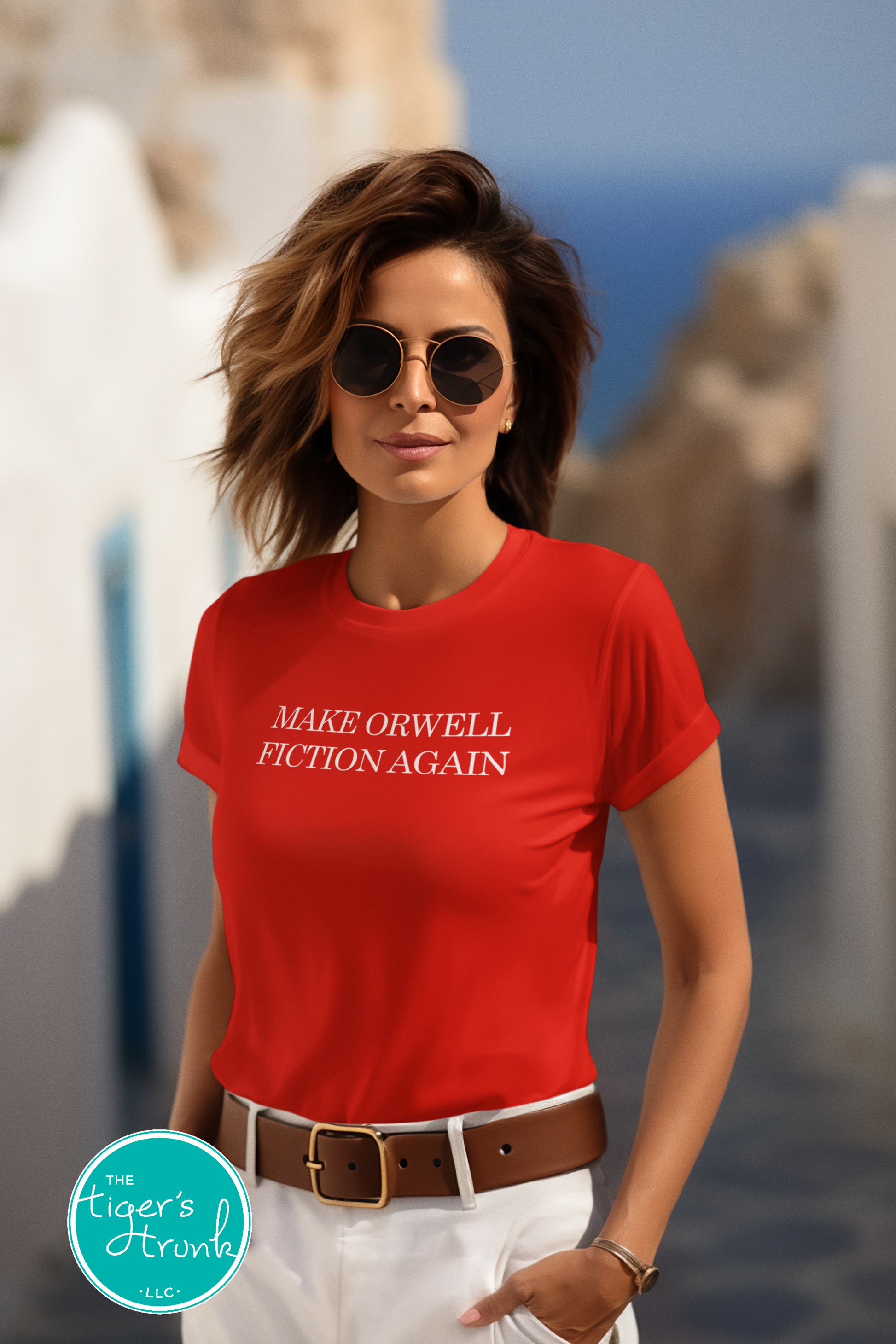 Political activism t-shirt with Make Orwell Fiction Again message, free speech, government overreach warning, and dystopian satire