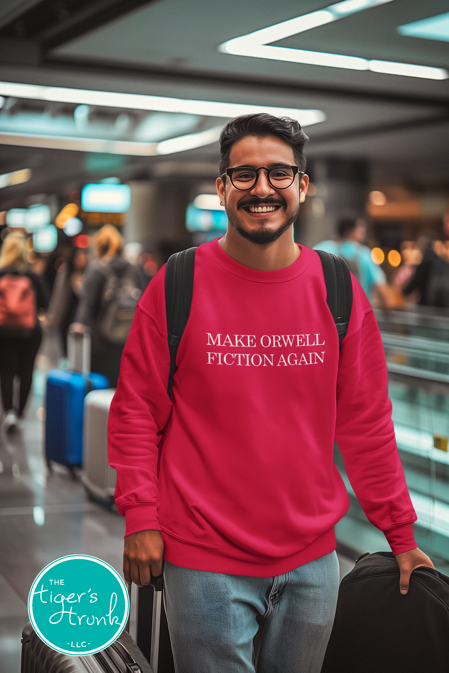 Political activism t-shirt with Make Orwell Fiction Again message, free speech, government overreach warning, and dystopian satire