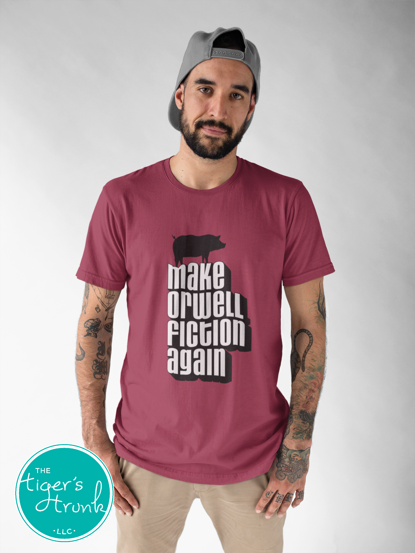 Political activism t-shirt with Make Orwell Fiction Again message, free speech, government overreach warning, and dystopian satire