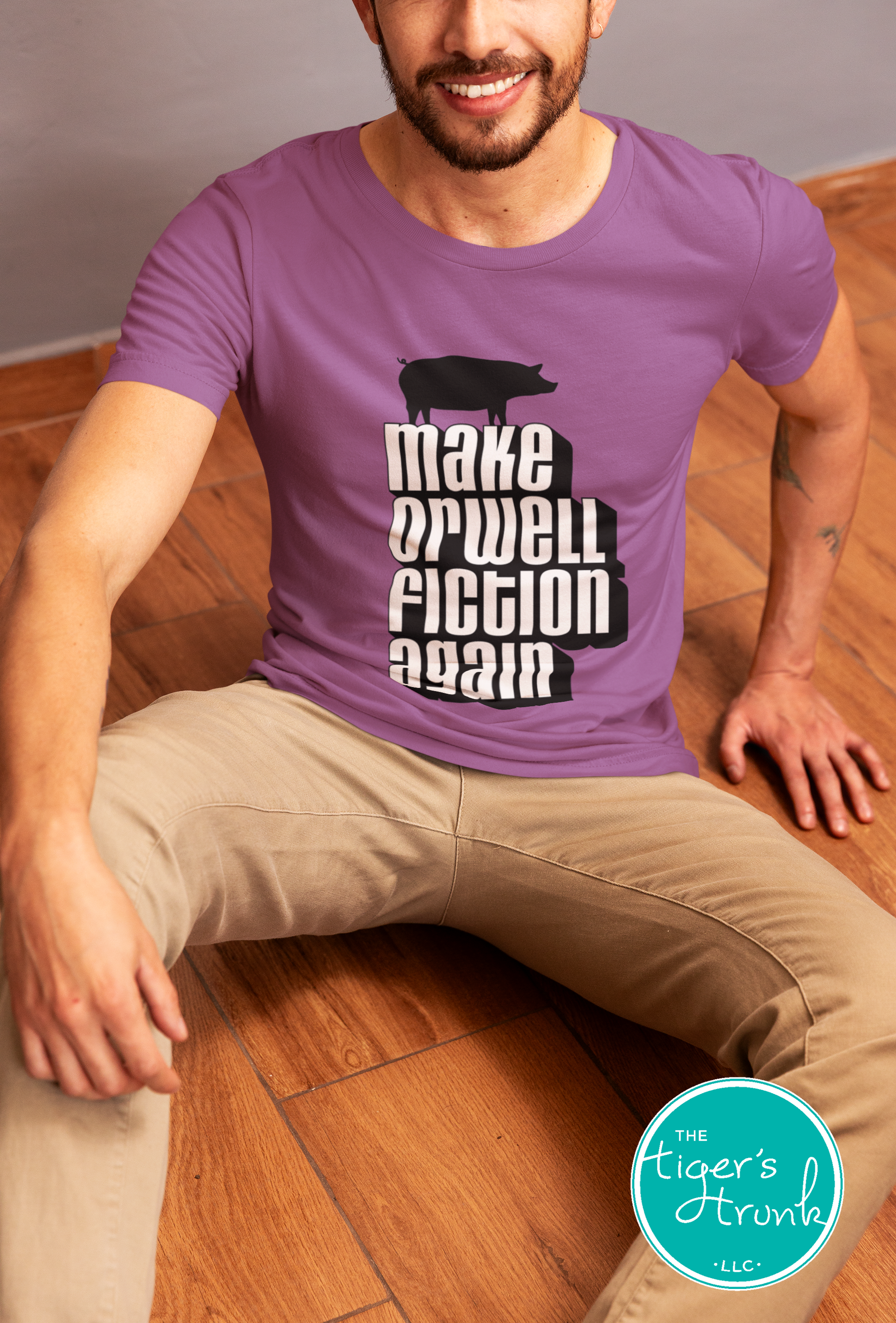 Political activism t-shirt with Make Orwell Fiction Again message, free speech, government overreach warning, and dystopian satire