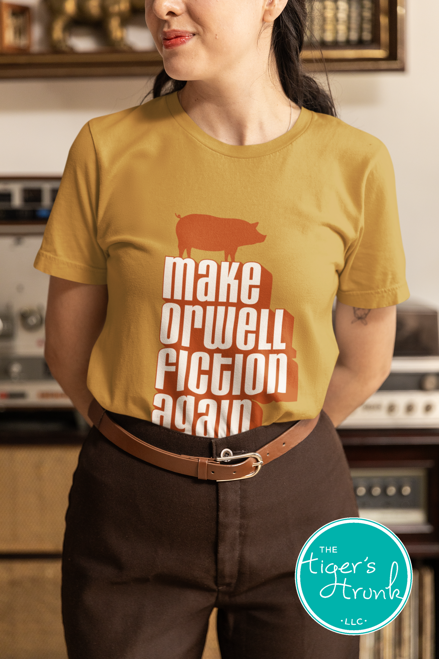 Political activism t-shirt with Make Orwell Fiction Again message, free speech, government overreach warning, and dystopian satire